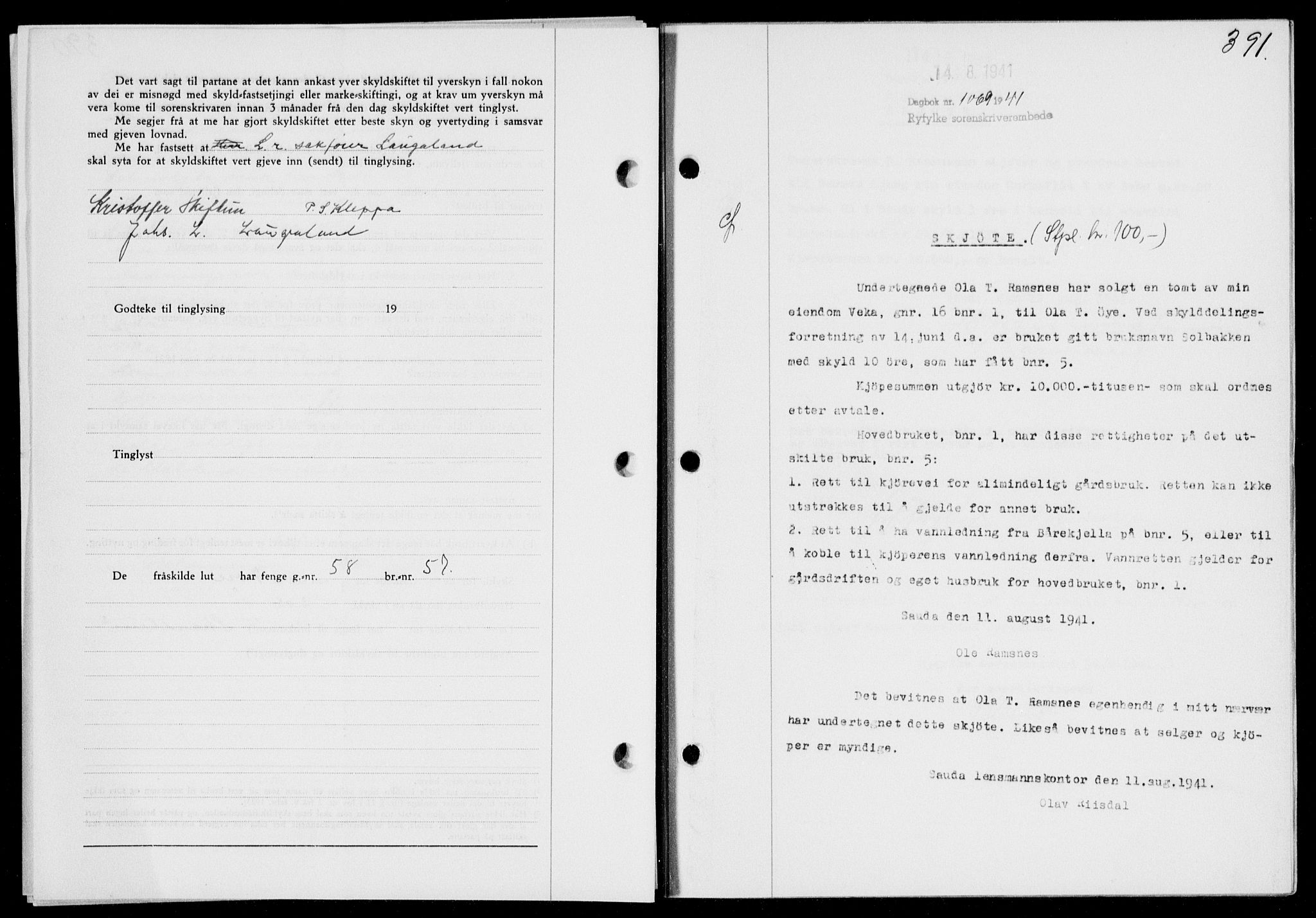 Ryfylke tingrett, SAST/A-100055/001/II/IIB/L0085: Mortgage book no. 64, 1941-1941, Diary no: : 1069/1941