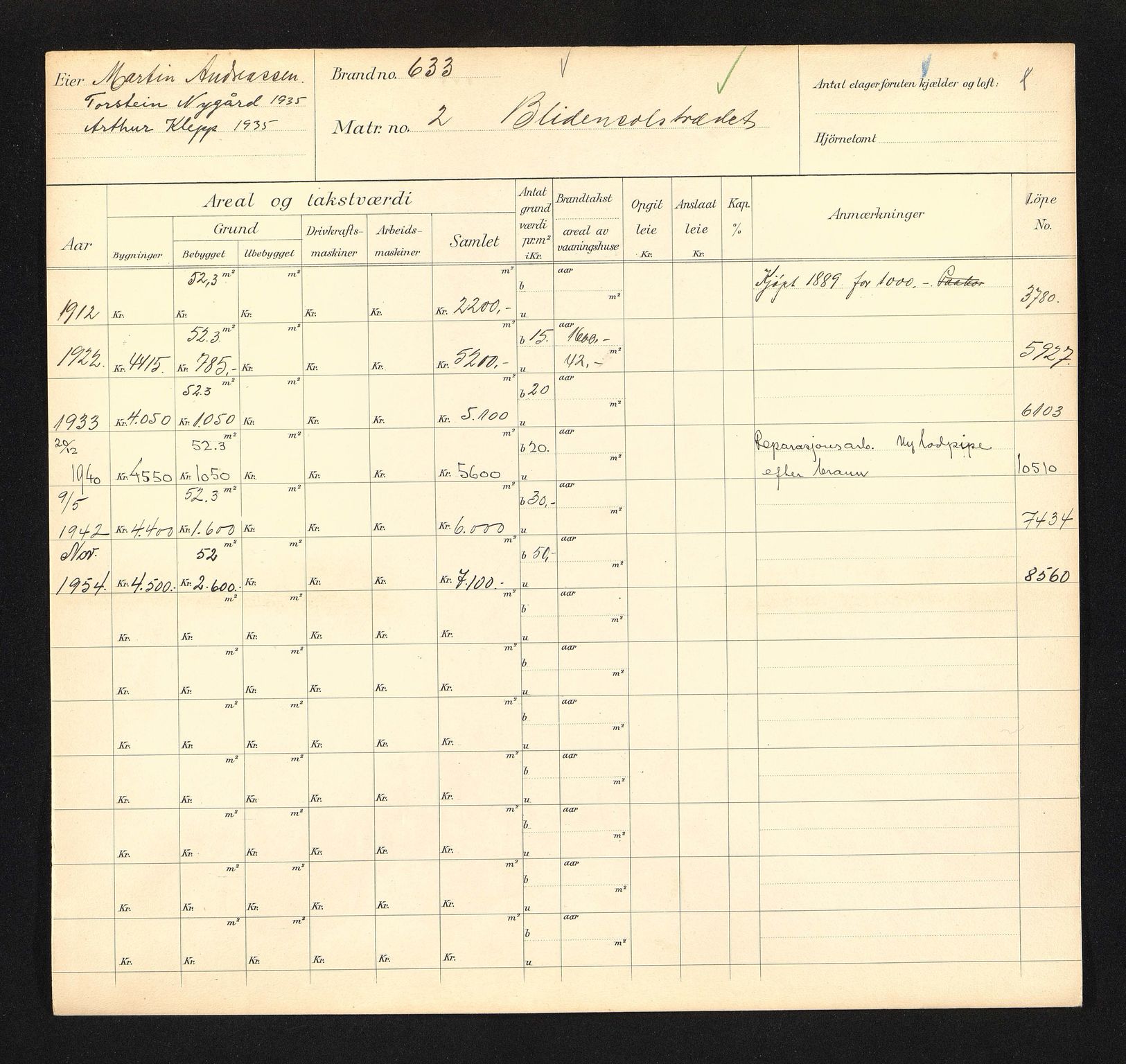 Stavanger kommune. Skattetakstvesenet, BYST/A-0440/F/Fa/Faa/L0005/0005: Skattetakstkort / Blidensolstredet 1 - Blokkmakergata 12