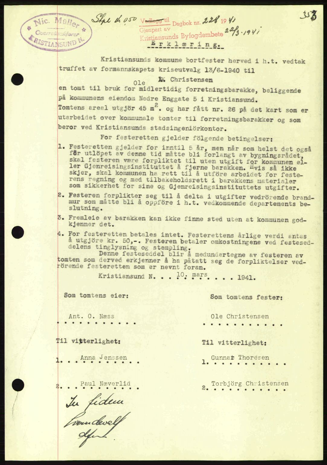 Kristiansund byfogd, AV/SAT-A-4587/A/27: Mortgage book no. 33, 1939-1941, Diary no: : 228/1941