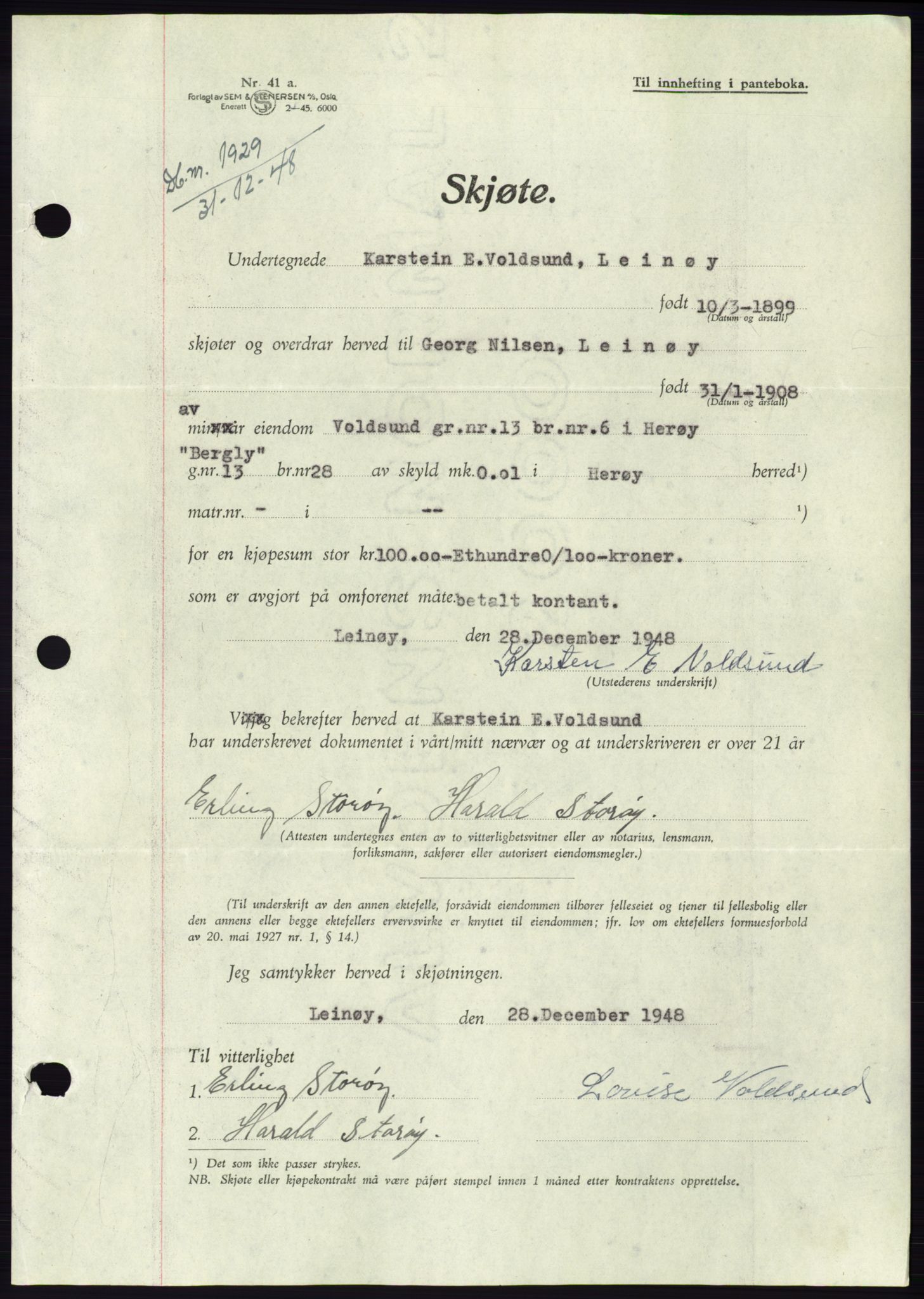 Søre Sunnmøre sorenskriveri, AV/SAT-A-4122/1/2/2C/L0083: Mortgage book no. 9A, 1948-1949, Diary no: : 1929/1948