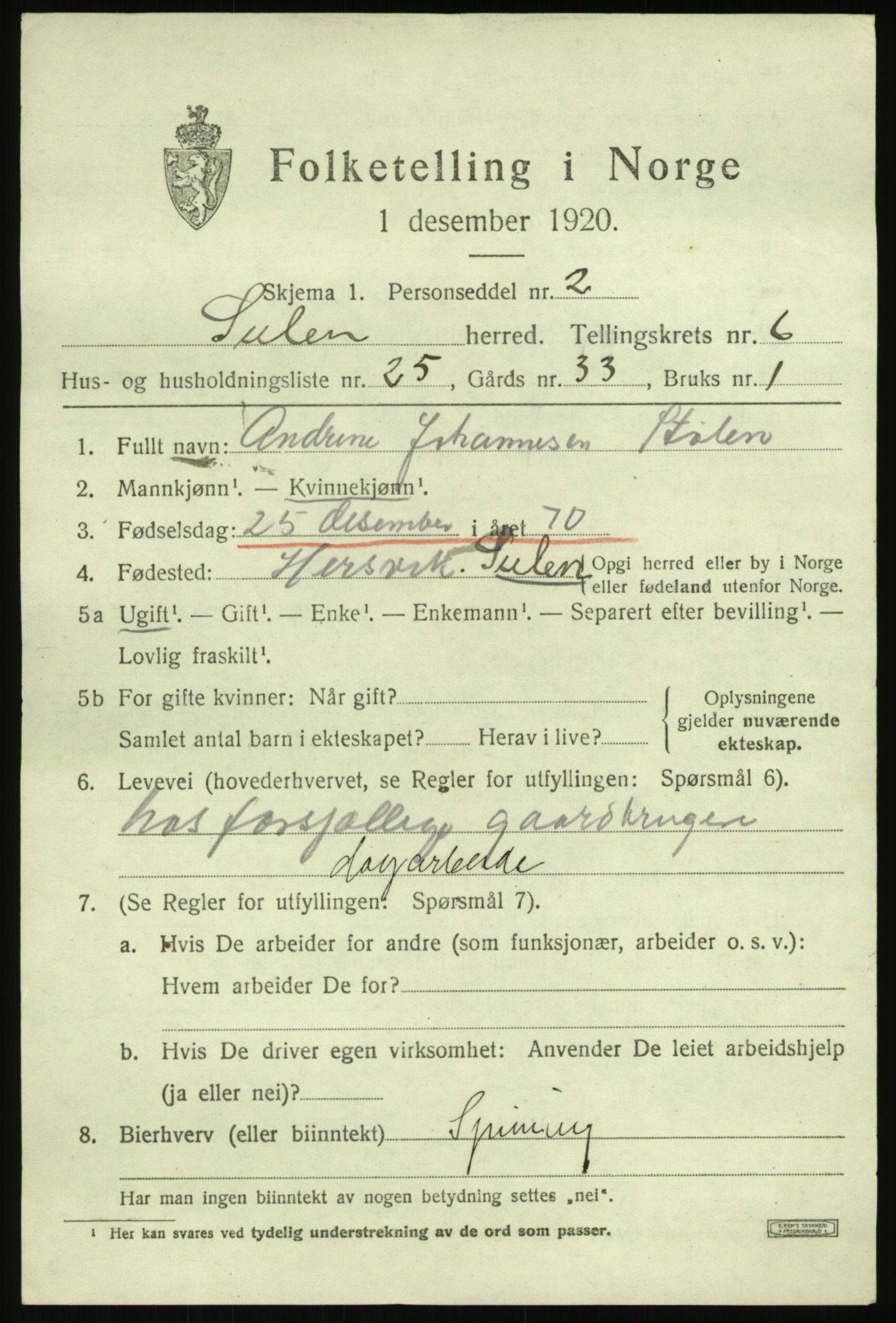 SAB, 1920 census for Solund, 1920, p. 2716