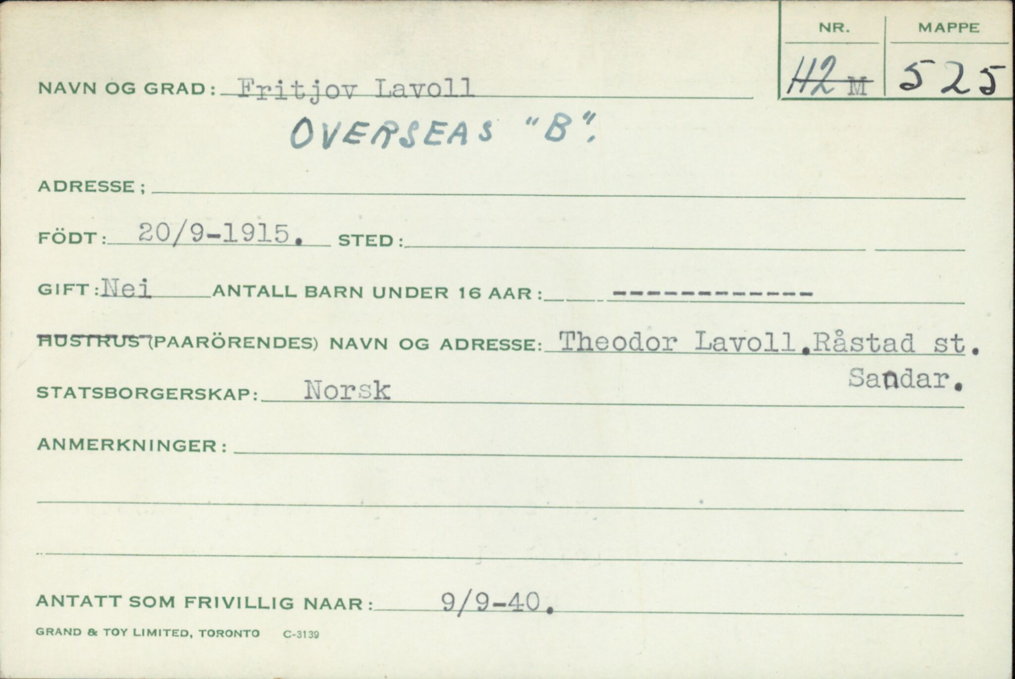 Forsvaret, Forsvarets overkommando/Luftforsvarsstaben, RA/RAFA-4079/P/Pa/L0041: Personellpapirer, 1915, p. 567