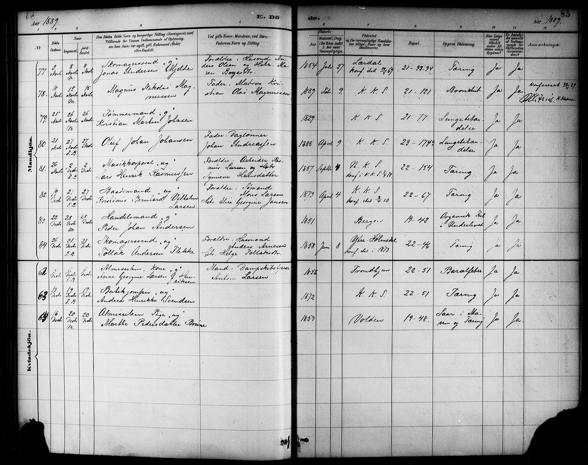 Korskirken sokneprestembete, SAB/A-76101/H/Haa/L0047: Parish register (official) no. E 5, 1884-1910, p. 85