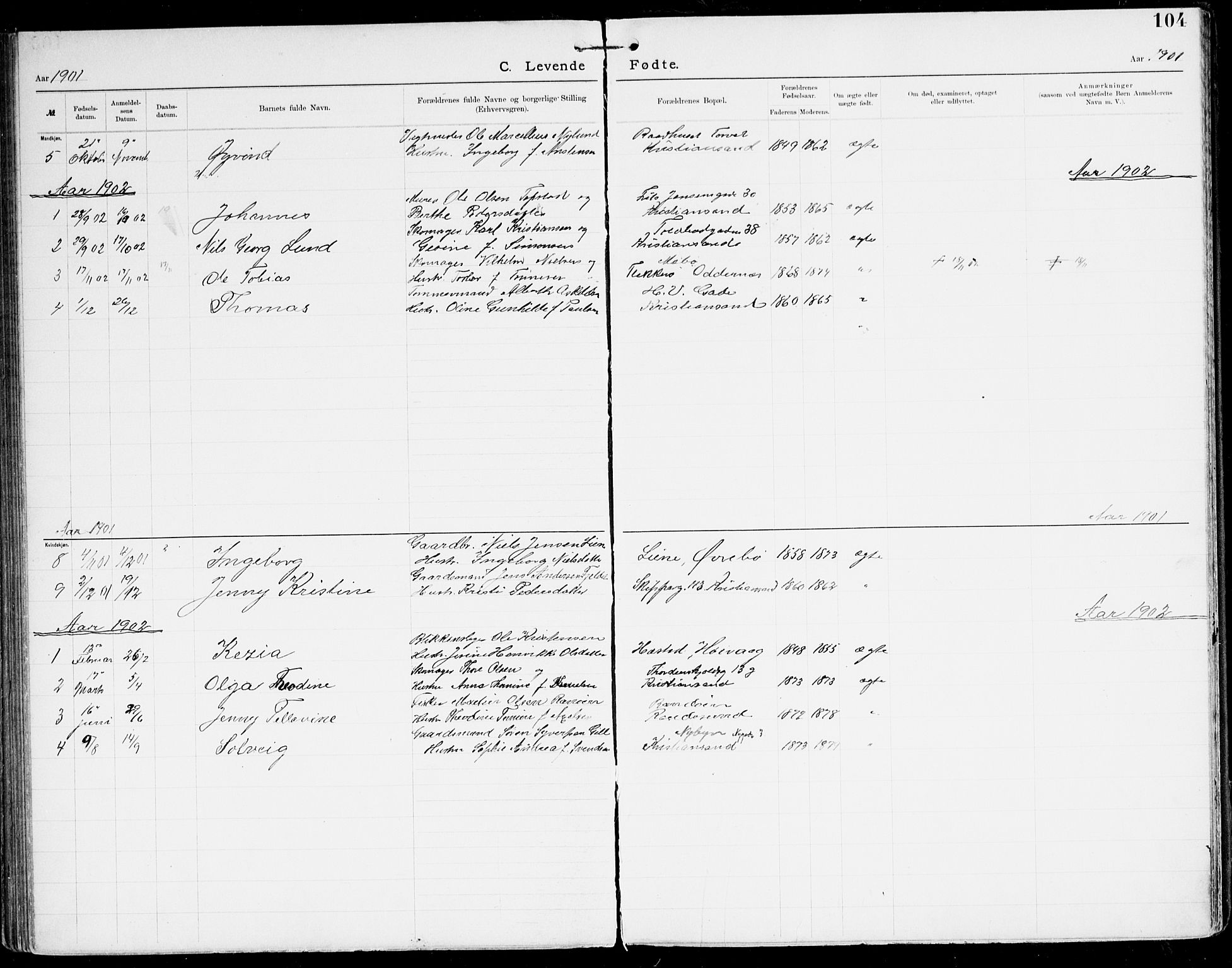 Den evangelisk-lutherske frikirke, Kristiansand, AV/SAK-1292-0017/F/Fa/L0003: Dissenter register no. F 11, 1892-1925, p. 104