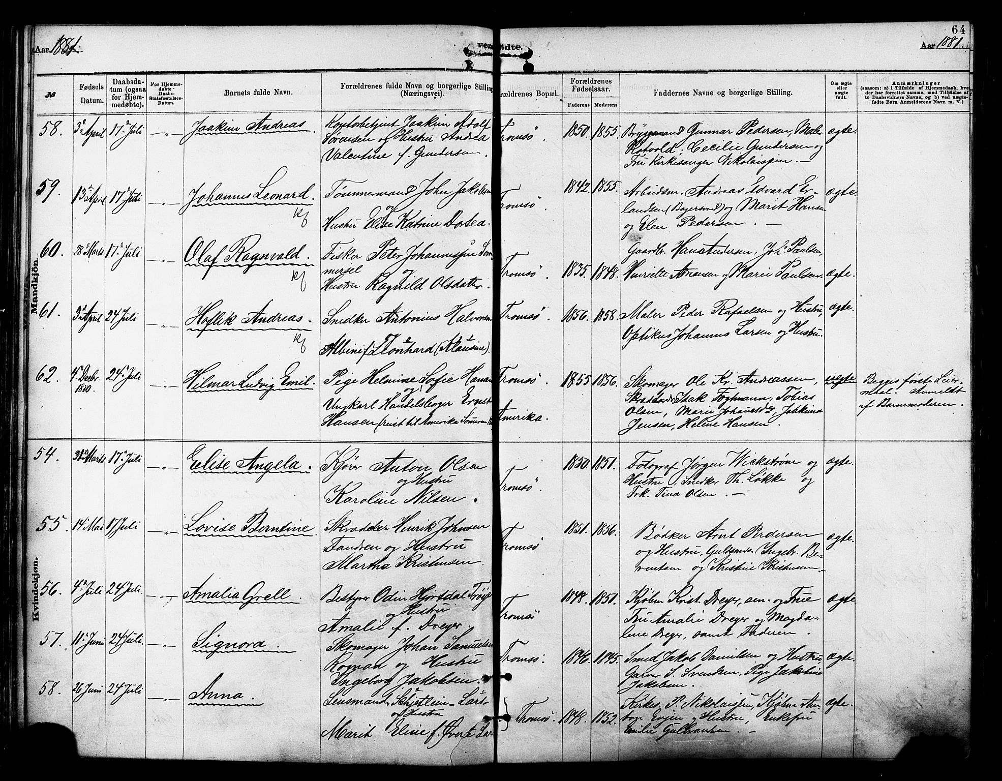 Tromsø sokneprestkontor/stiftsprosti/domprosti, AV/SATØ-S-1343/G/Ga/L0014kirke: Parish register (official) no. 14, 1878-1888, p. 64