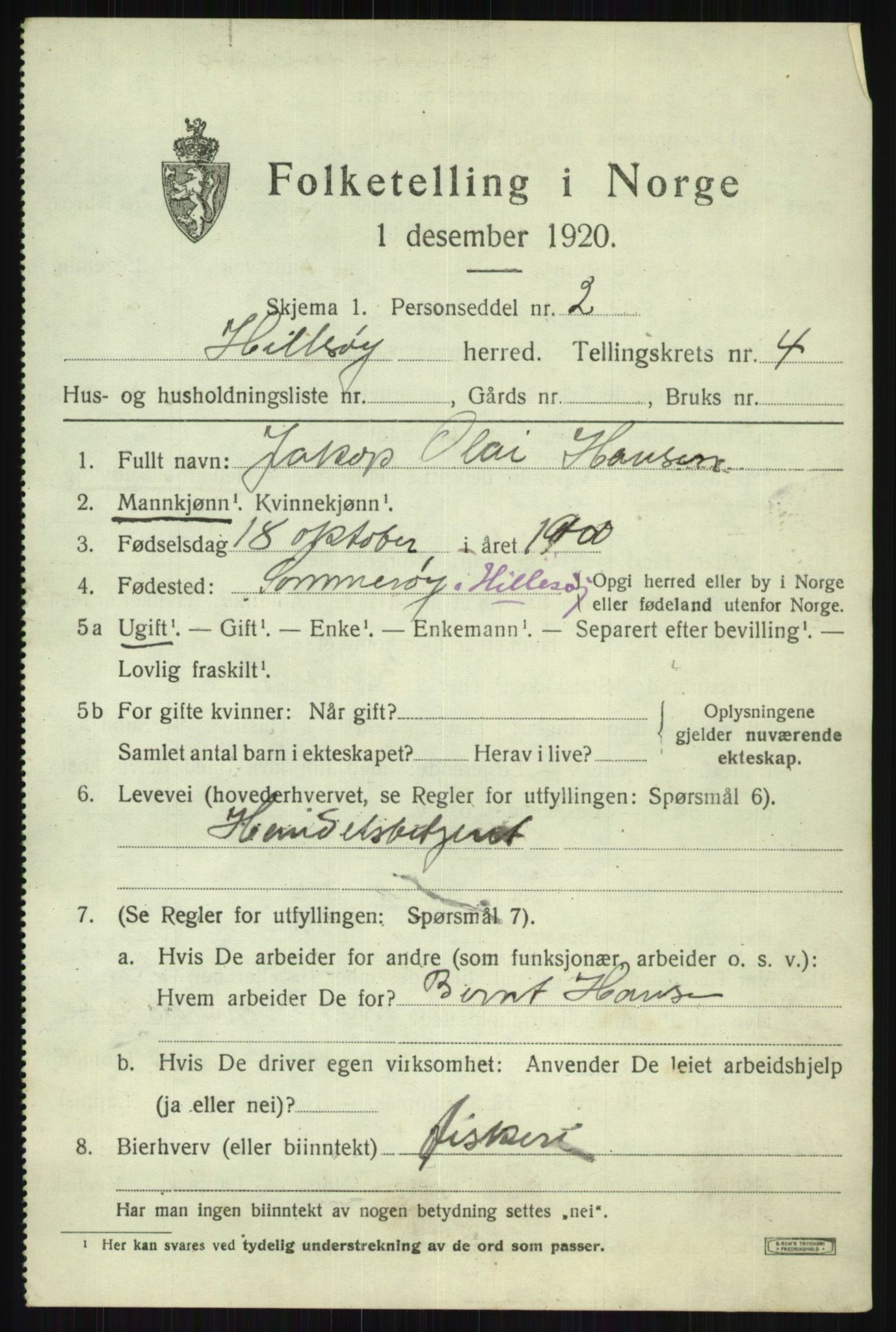 SATØ, 1920 census for Hillesøy, 1920, p. 1921