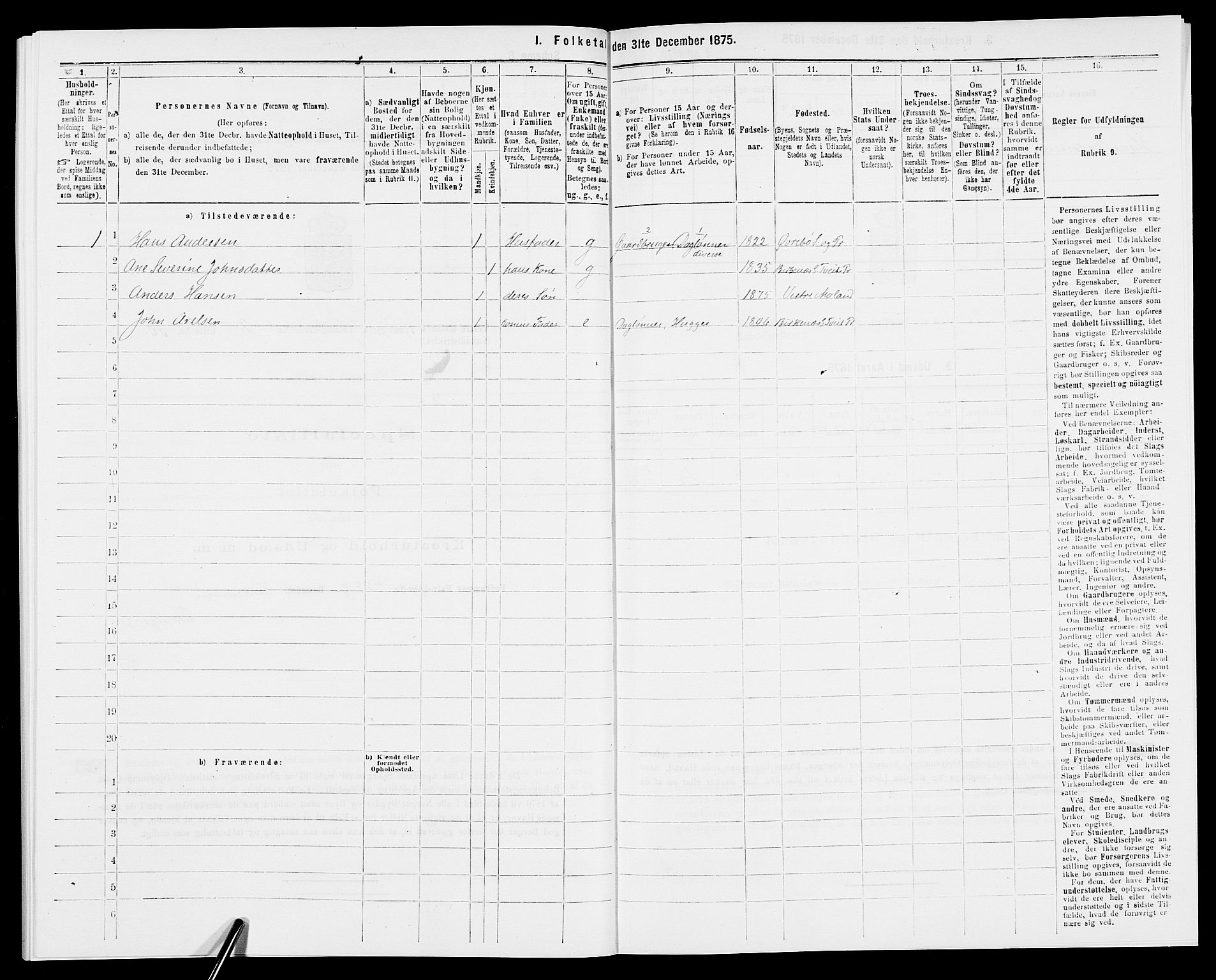 SAK, 1875 census for 0926L Vestre Moland/Vestre Moland, 1875, p. 234