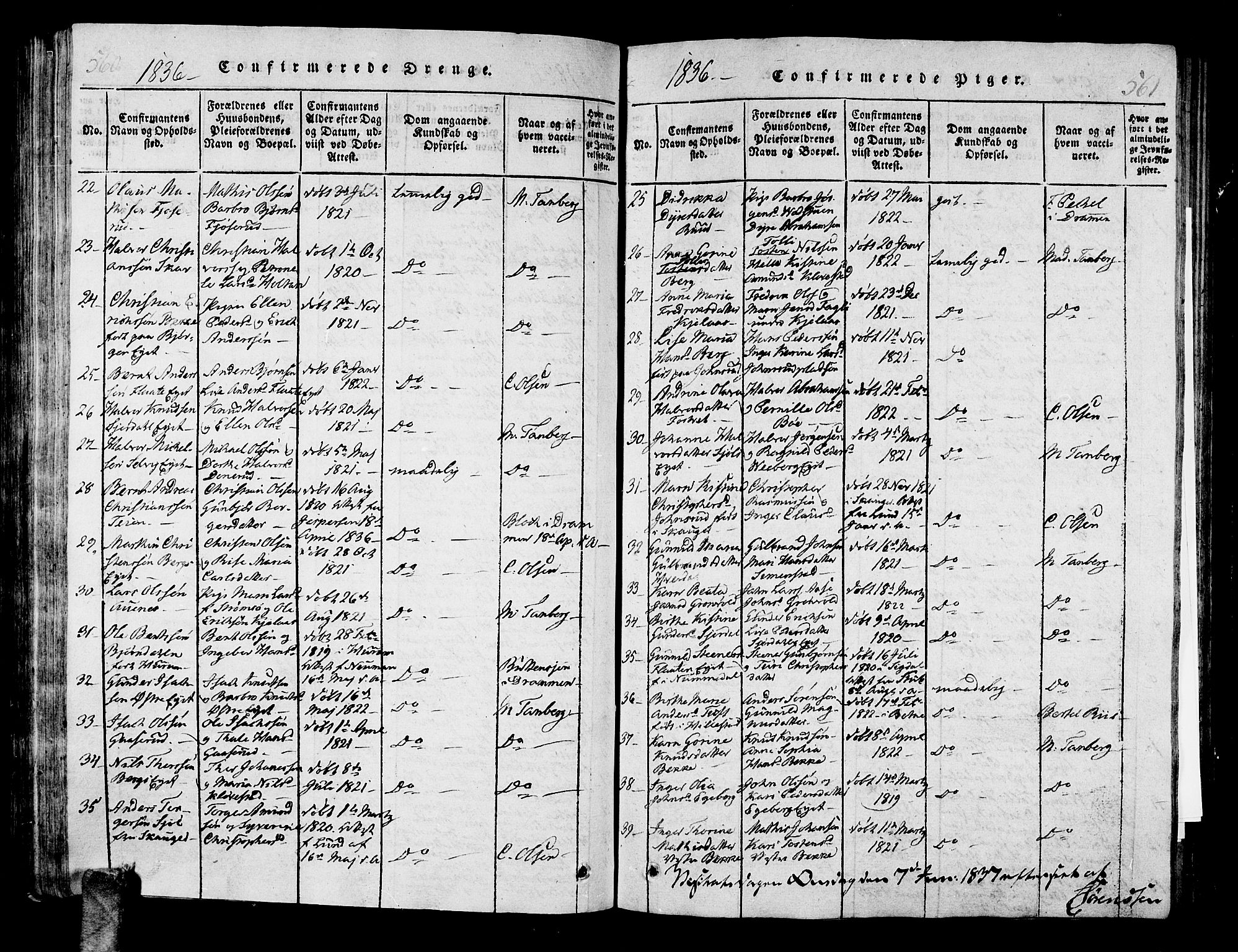 Sande Kirkebøker, AV/SAKO-A-53/G/Ga/L0001: Parish register (copy) no. 1, 1814-1847, p. 560-561