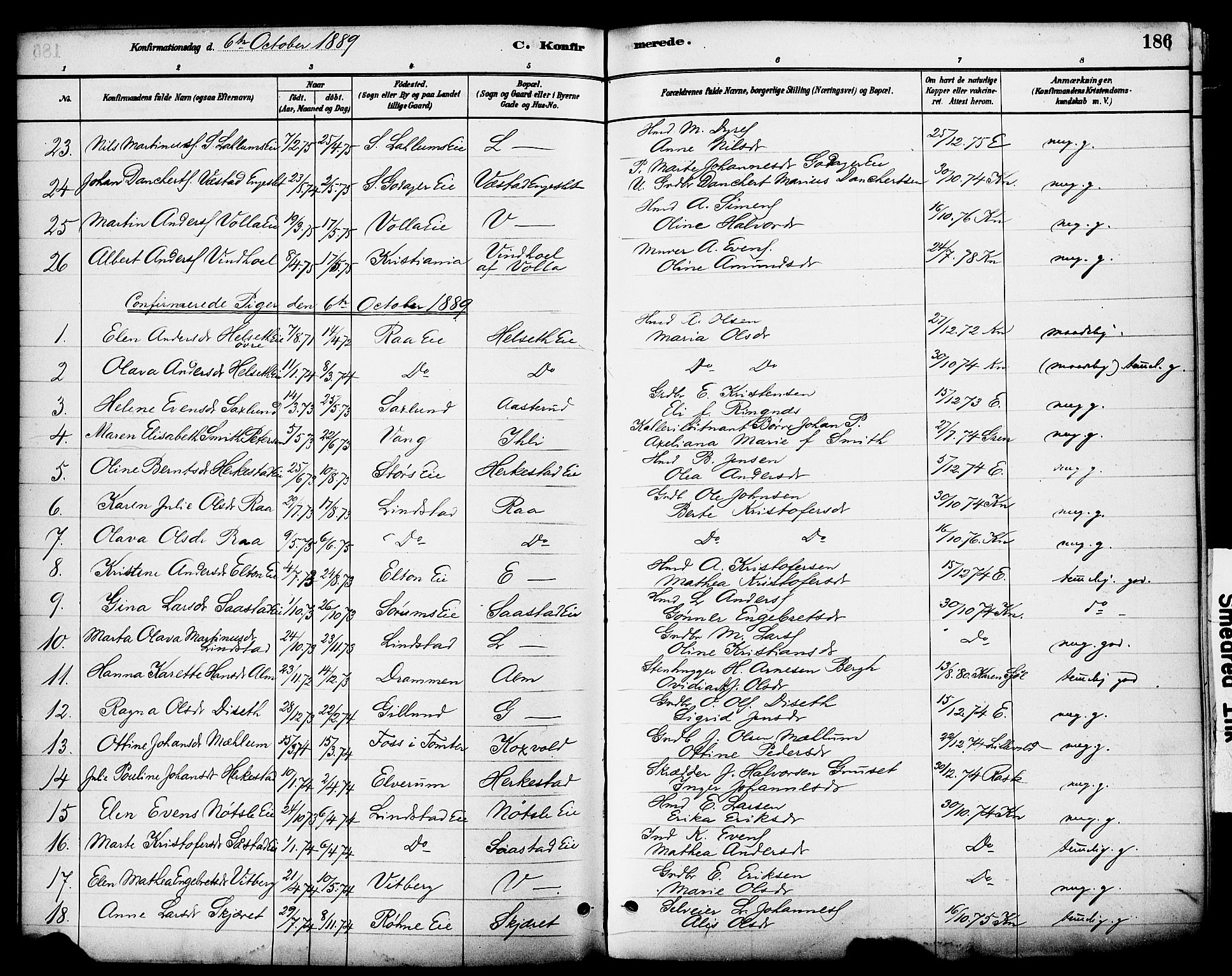 Stange prestekontor, AV/SAH-PREST-002/K/L0017: Parish register (official) no. 17, 1880-1893, p. 186