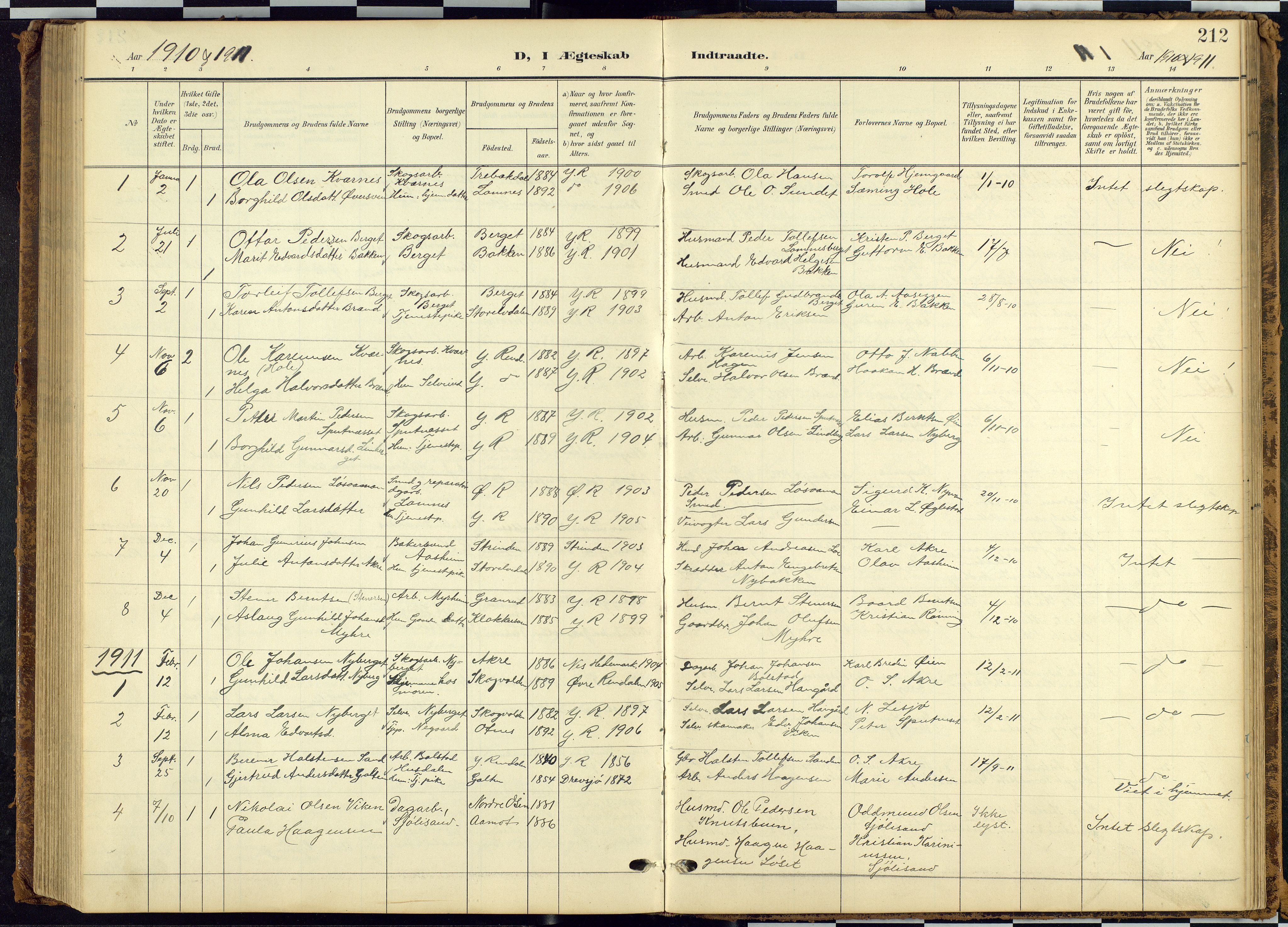 Rendalen prestekontor, SAH/PREST-054/H/Ha/Hab/L0010: Parish register (copy) no. 10, 1903-1940, p. 212