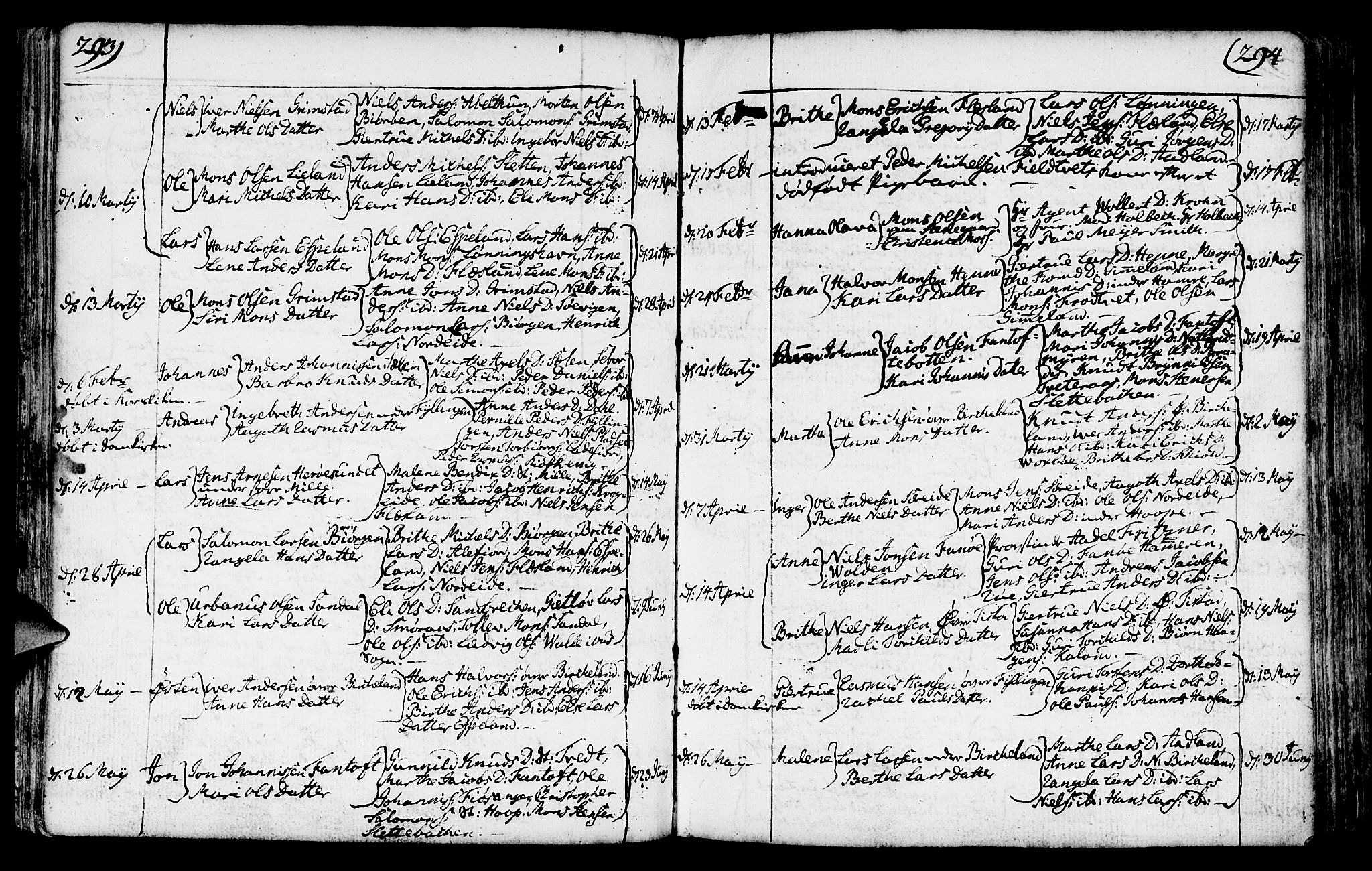 Fana Sokneprestembete, AV/SAB-A-75101/H/Haa/Haaa/L0005: Parish register (official) no. A 5, 1773-1799, p. 293-294