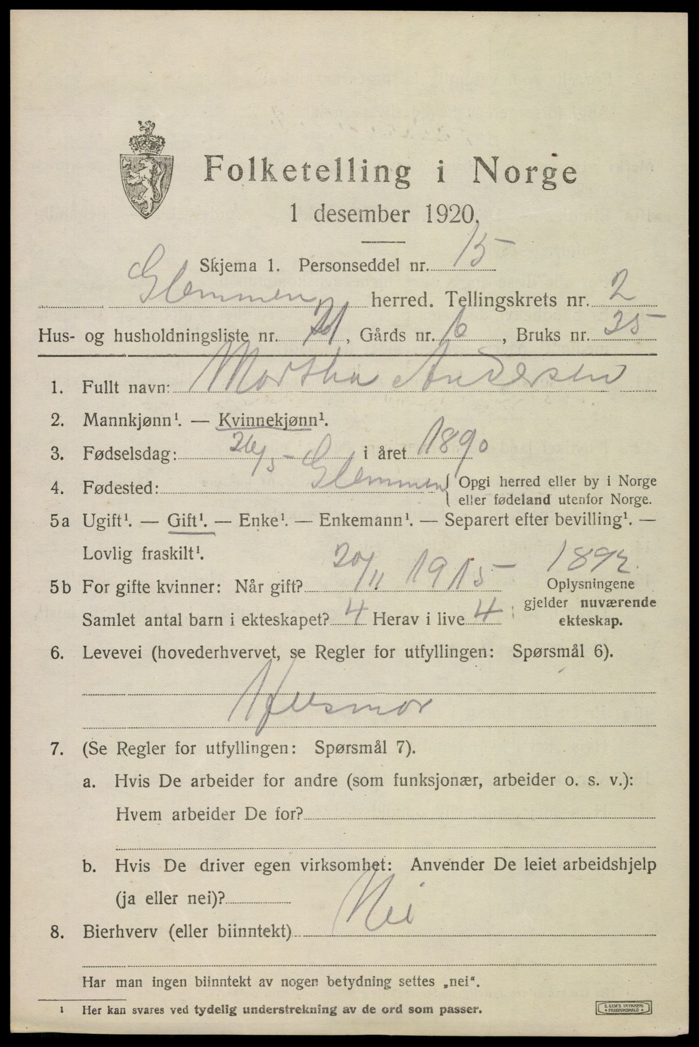 SAO, 1920 census for Glemmen, 1920, p. 4395