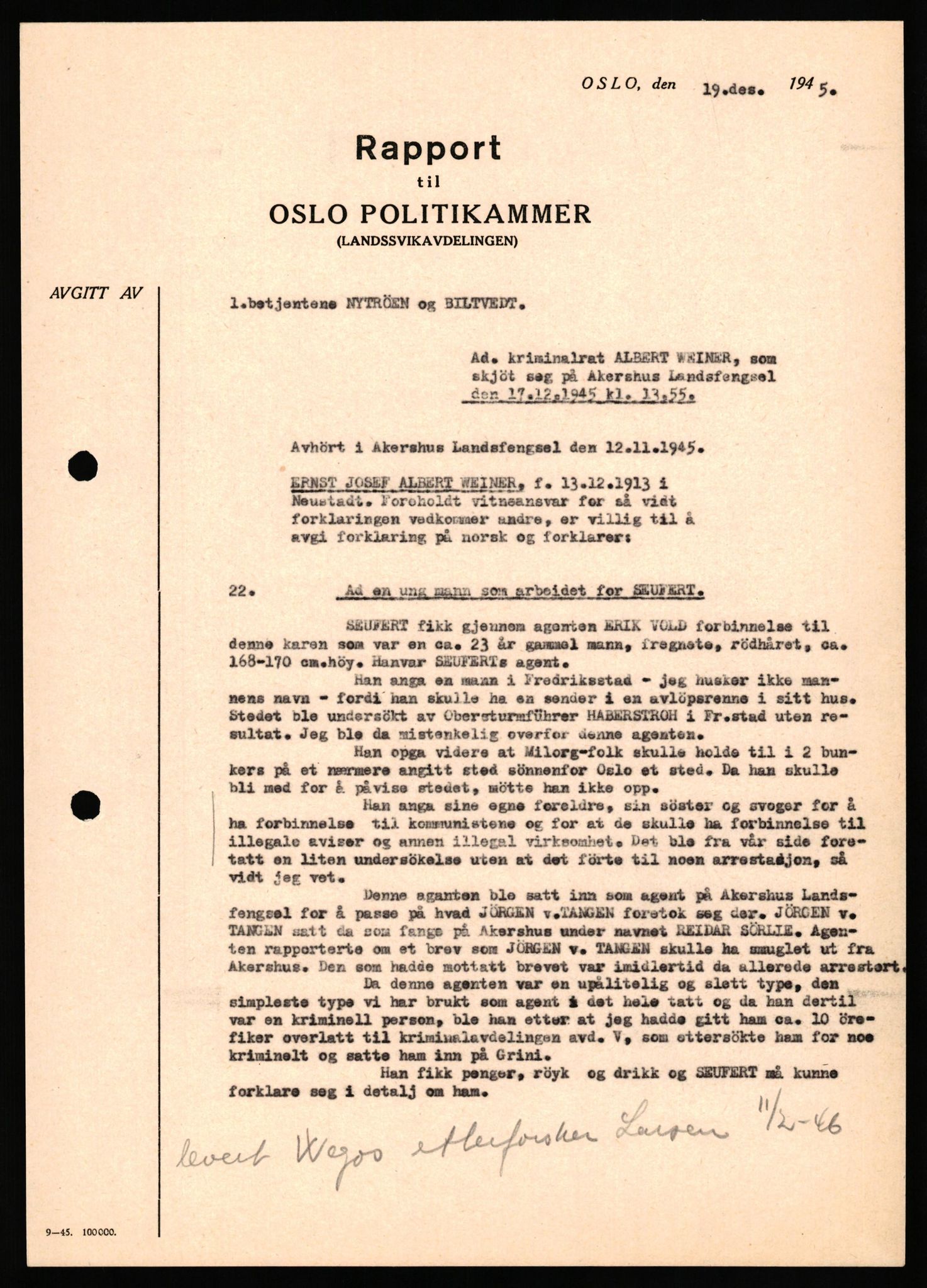 Forsvaret, Forsvarets overkommando II, AV/RA-RAFA-3915/D/Db/L0035: CI Questionaires. Tyske okkupasjonsstyrker i Norge. Tyskere., 1945-1946, p. 257