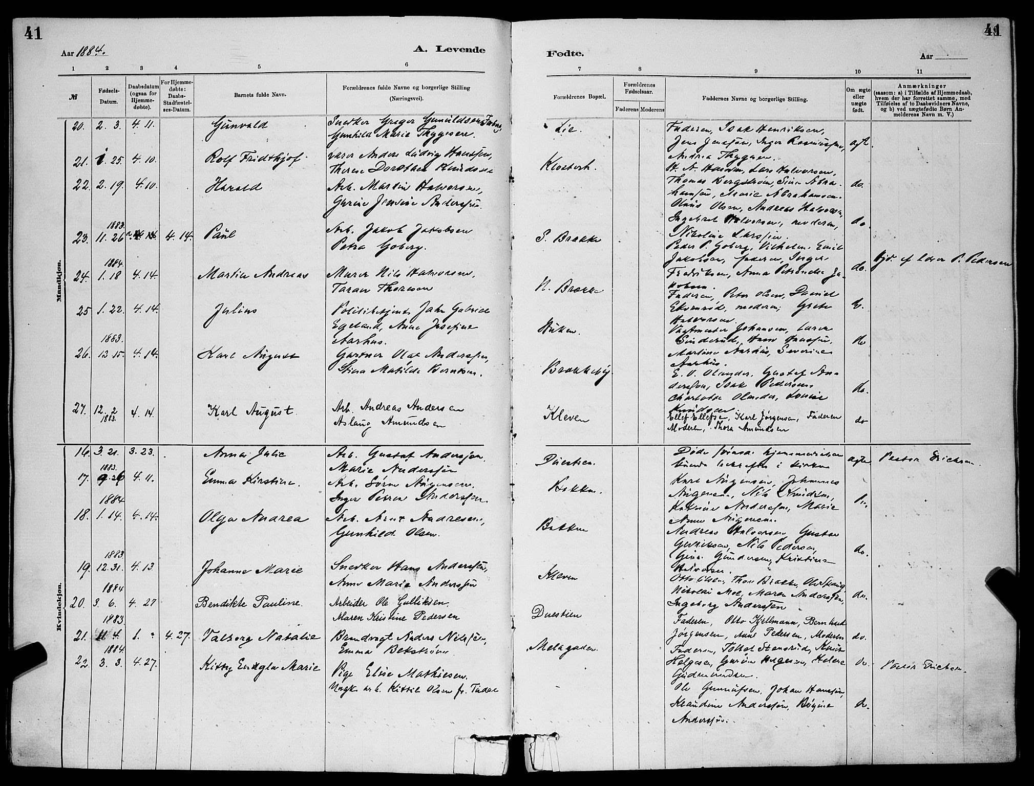 Skien kirkebøker, AV/SAKO-A-302/G/Ga/L0006: Parish register (copy) no. 6, 1881-1890, p. 41