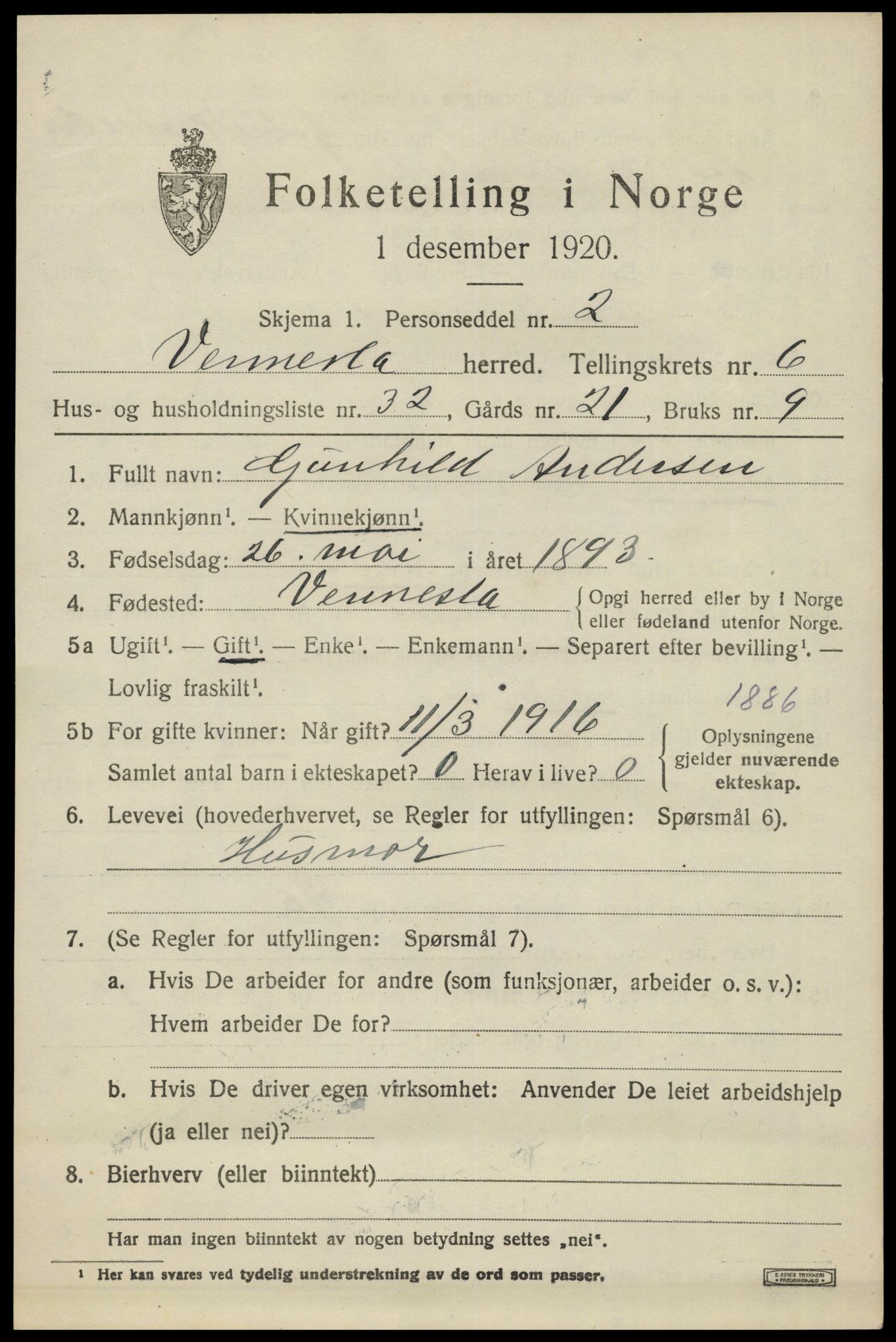 SAK, 1920 census for Vennesla, 1920, p. 4720