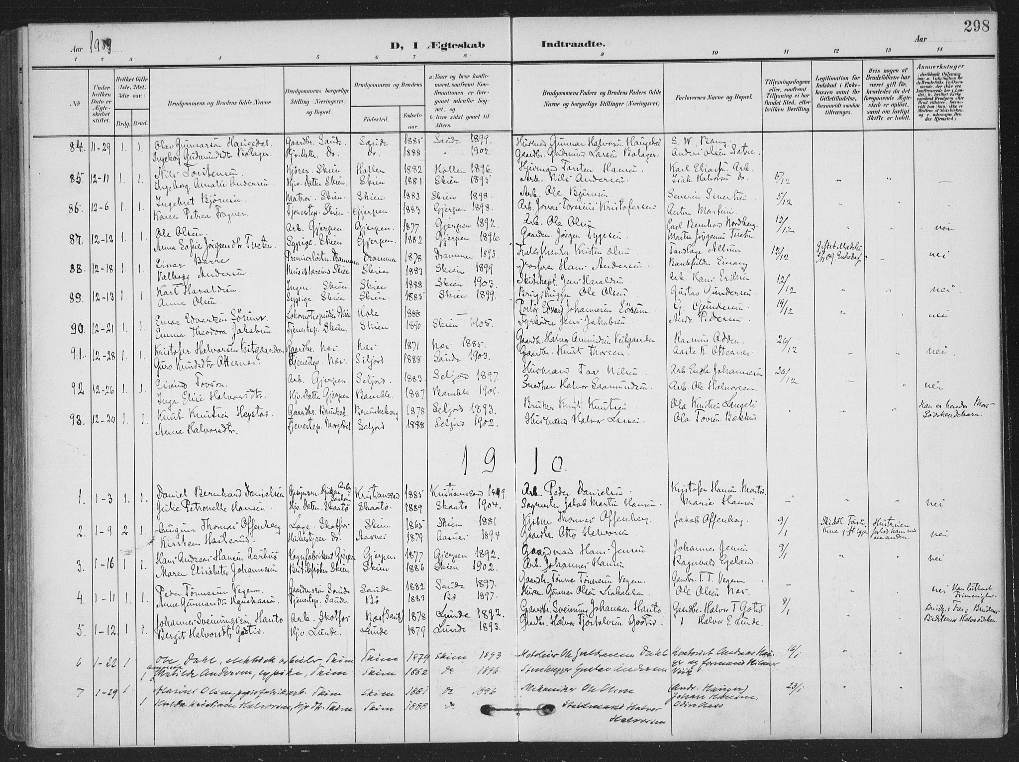 Skien kirkebøker, SAKO/A-302/F/Fa/L0012: Parish register (official) no. 12, 1908-1914, p. 298