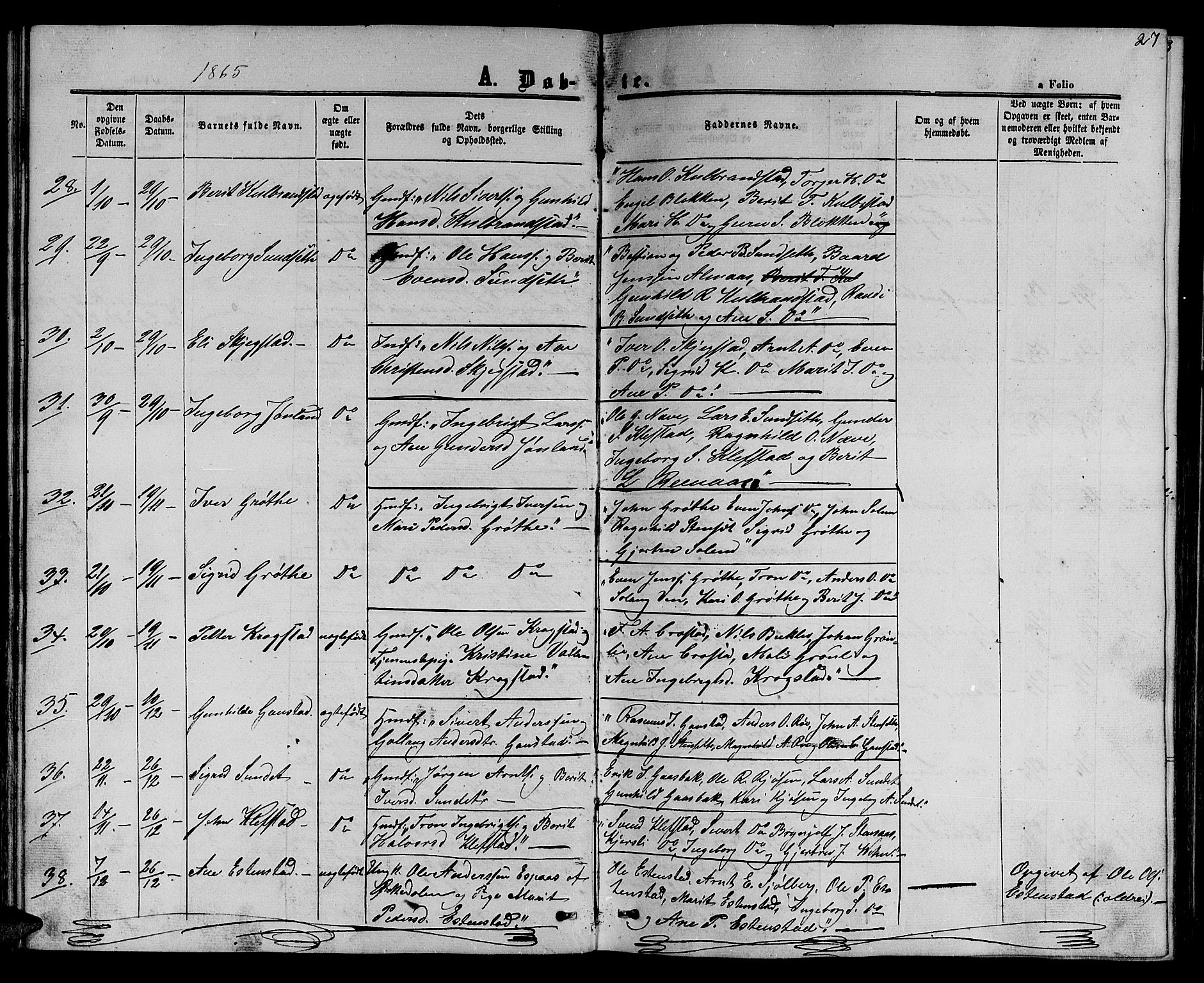 Ministerialprotokoller, klokkerbøker og fødselsregistre - Sør-Trøndelag, SAT/A-1456/694/L1131: Parish register (copy) no. 694C03, 1858-1886, p. 27