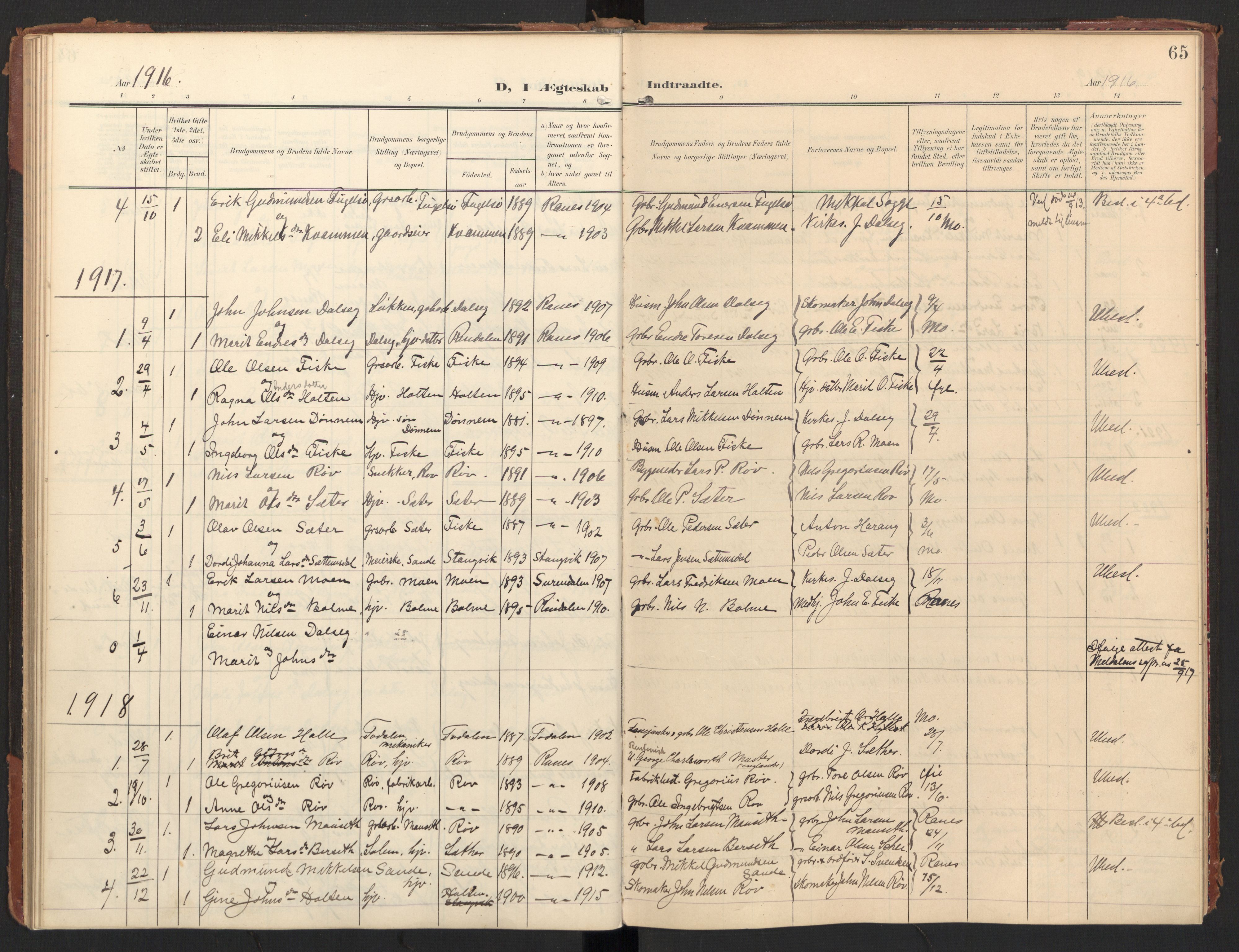 Ministerialprotokoller, klokkerbøker og fødselsregistre - Møre og Romsdal, AV/SAT-A-1454/597/L1063: Parish register (official) no. 597A02, 1905-1923, p. 65