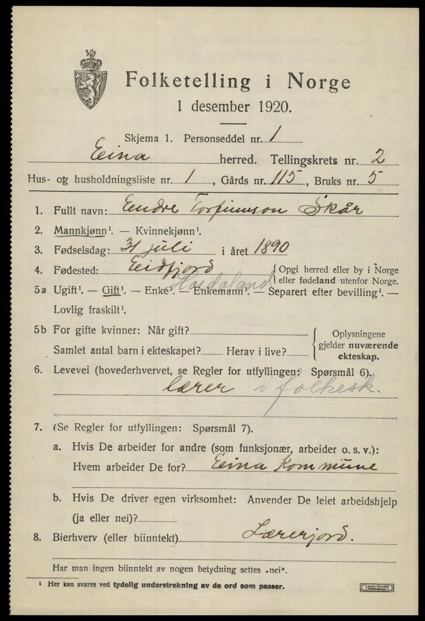 SAH, 1920 census for Eina, 1920, p. 1766