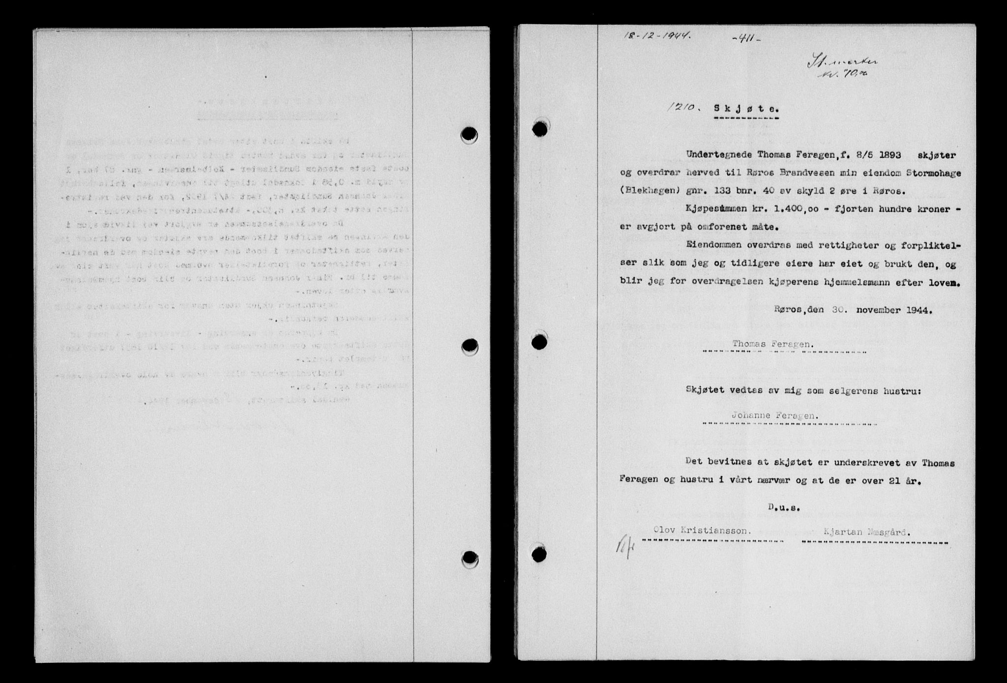 Gauldal sorenskriveri, SAT/A-0014/1/2/2C/L0058: Mortgage book no. 63, 1944-1945, Diary no: : 1210/1944