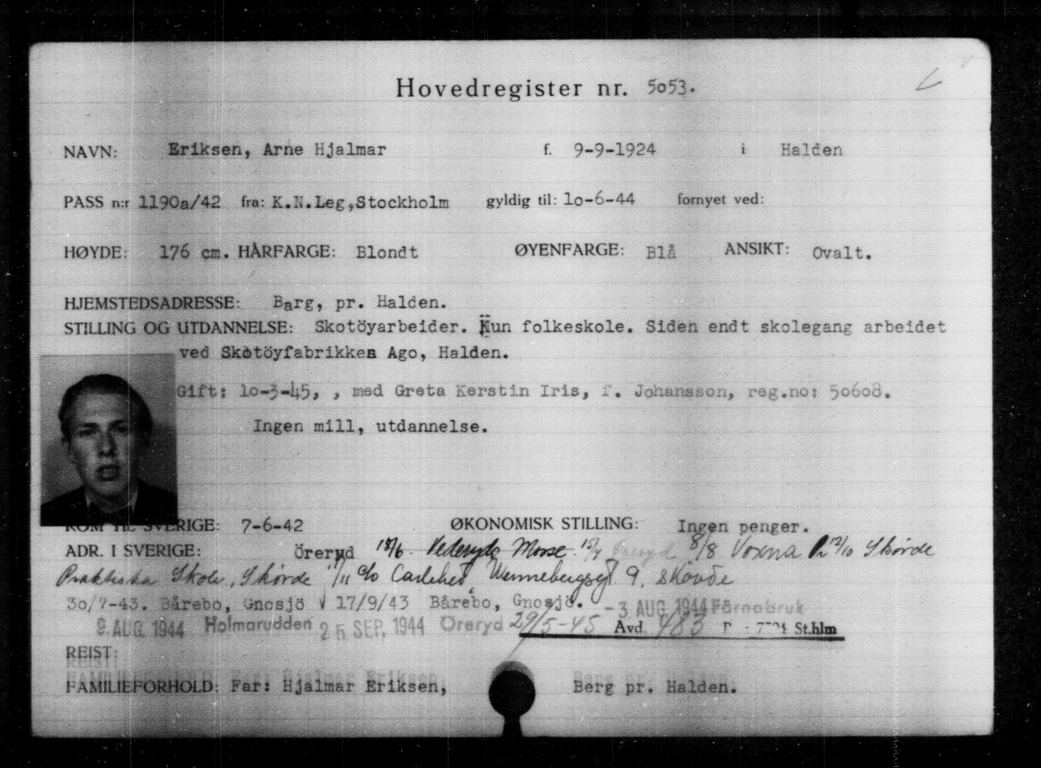 Utenriksstasjonene, Legasjonen i Stockholm, Flyktningkontoret, AV/RA-S-6753/V/Va/L0004: Kjesäterkartoteket, flyktninger med registreringsnr. 3496-6610, 1940-1945, p. 1843