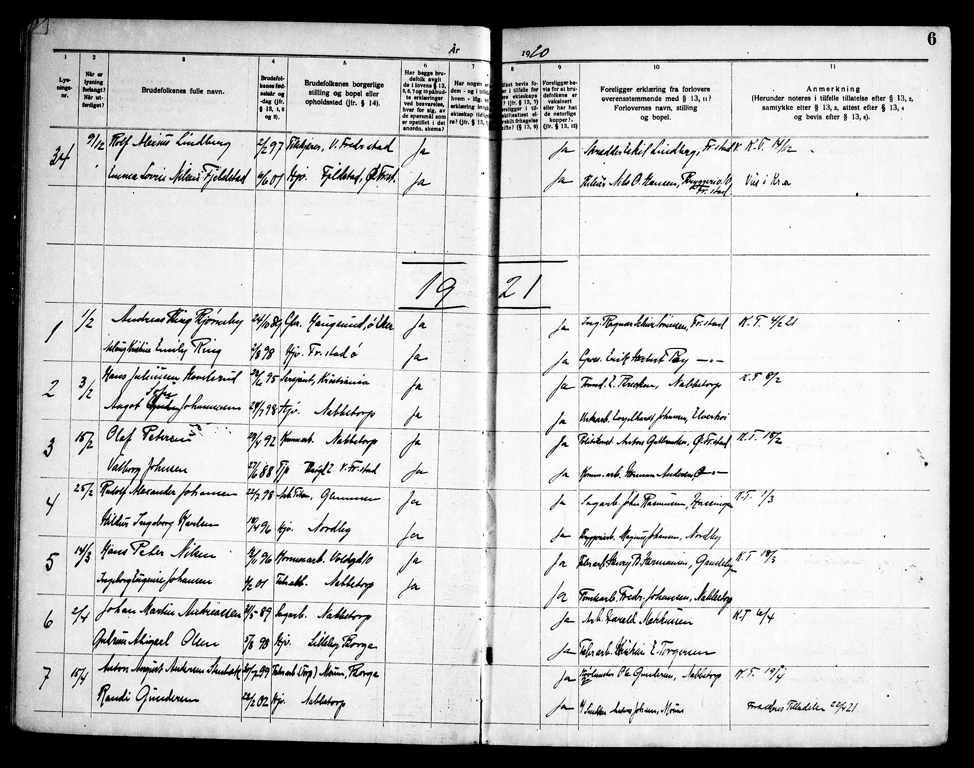 Østre Fredrikstad prestekontor Kirkebøker, AV/SAO-A-10907/H/Ha/L0001: Banns register no. 1, 1919-1951, p. 6