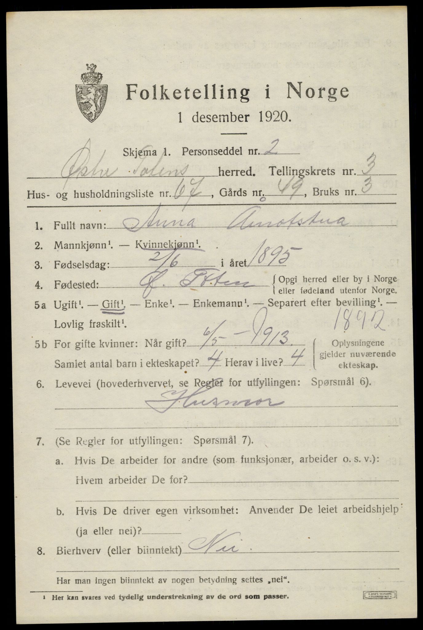 SAH, 1920 census for Østre Toten, 1920, p. 6712