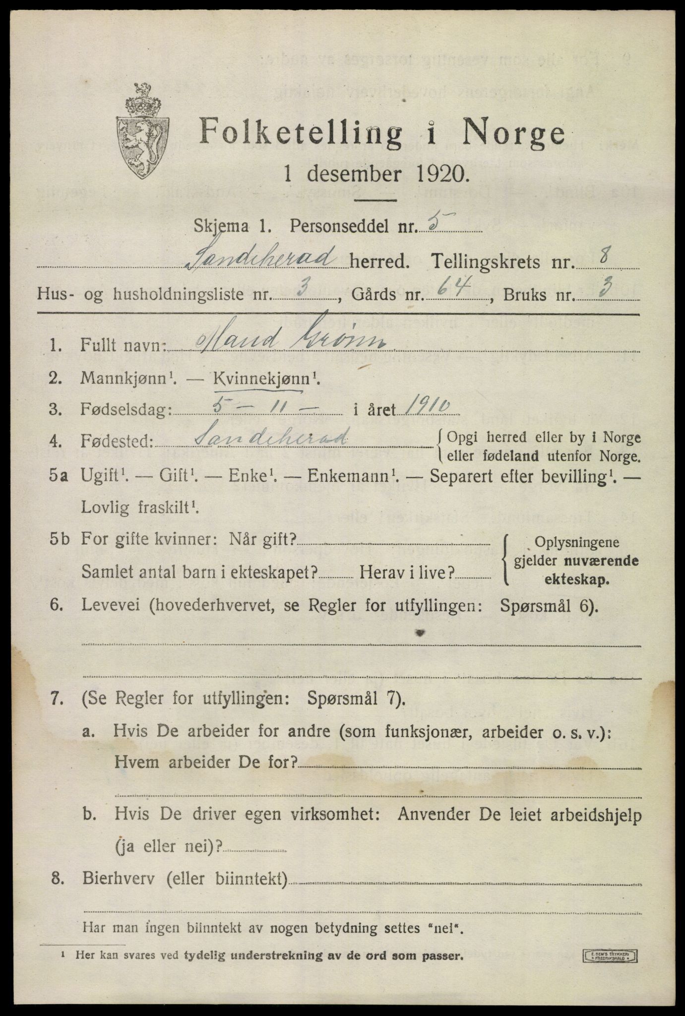 SAKO, 1920 census for Sandeherred, 1920, p. 12744
