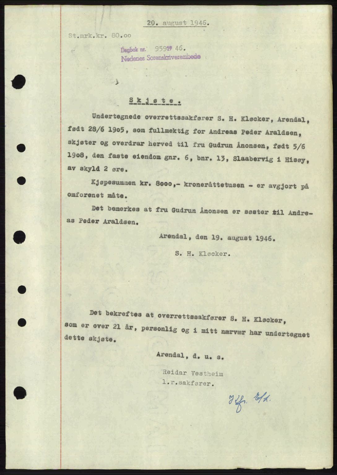 Nedenes sorenskriveri, SAK/1221-0006/G/Gb/Gba/L0055: Mortgage book no. A7, 1946-1946, Diary no: : 959/1946