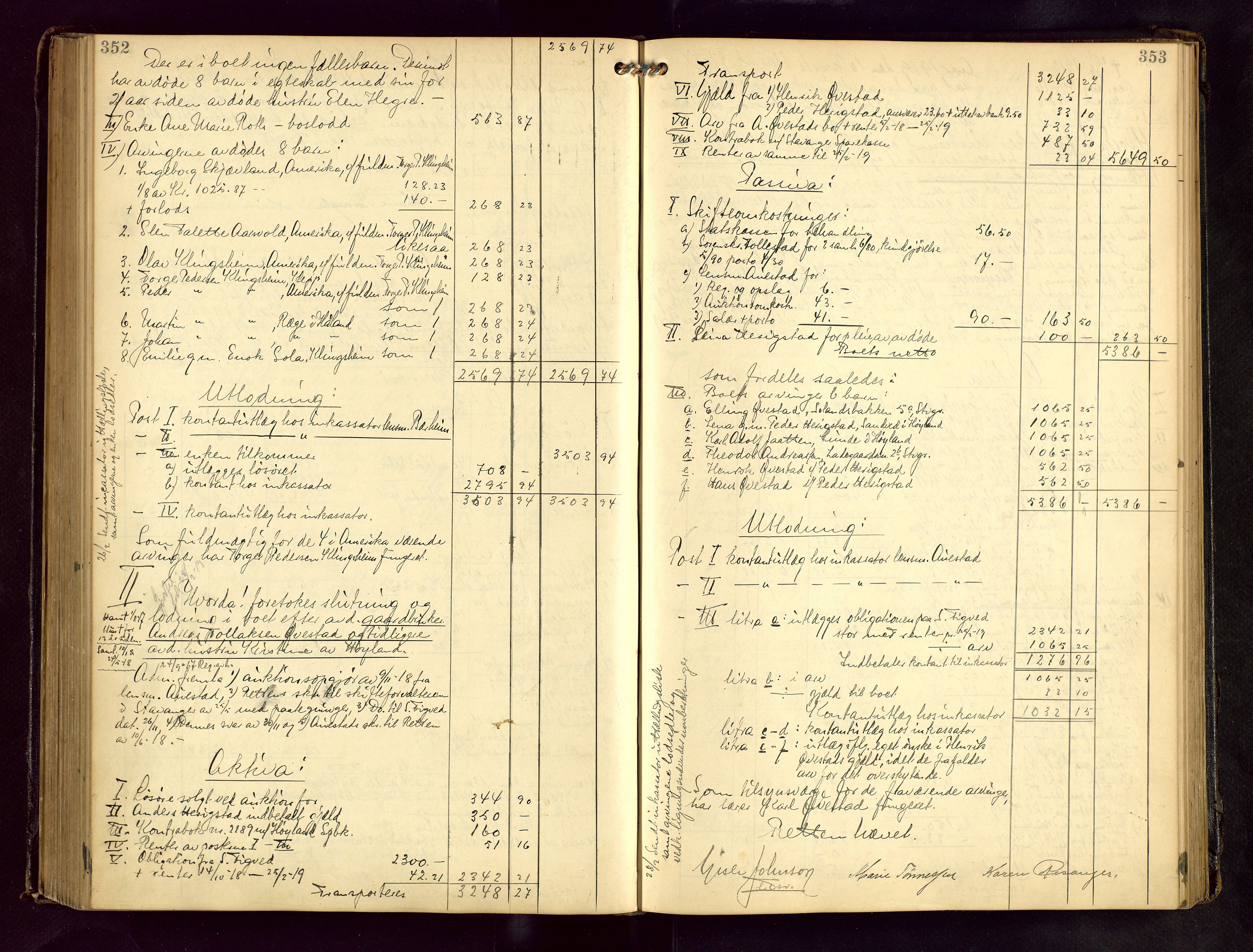 Jæren sorenskriveri, AV/SAST-A-100310/01/5/50/50BB/L0008: SKIFTEUTLODNINGSPROTOKOLL, 1914-1920, p. 352-353