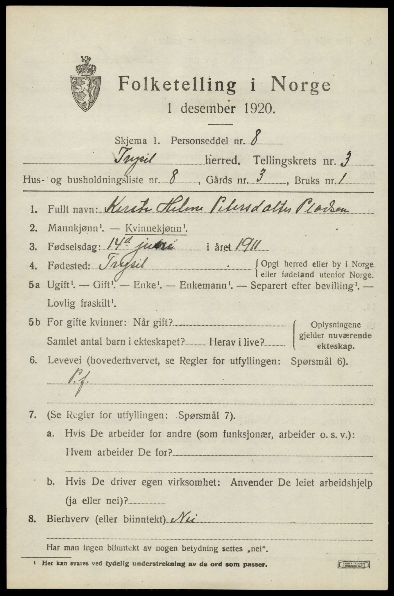 SAH, 1920 census for Trysil, 1920, p. 3579