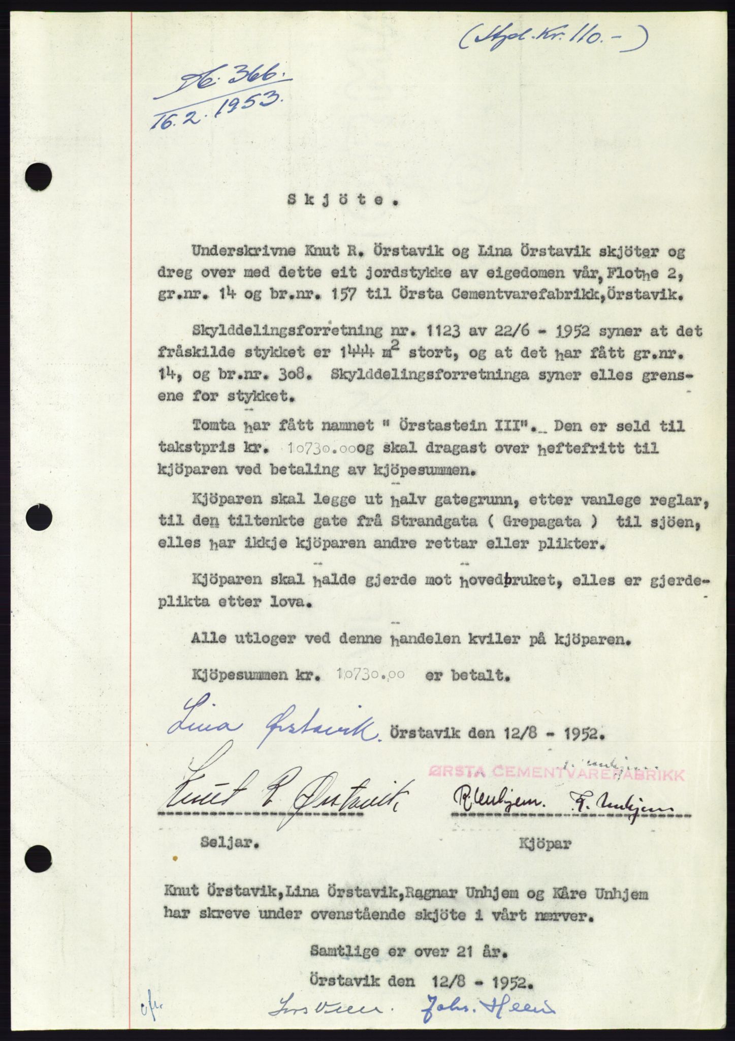 Søre Sunnmøre sorenskriveri, AV/SAT-A-4122/1/2/2C/L0094: Mortgage book no. 20A, 1953-1953, Diary no: : 366/1953