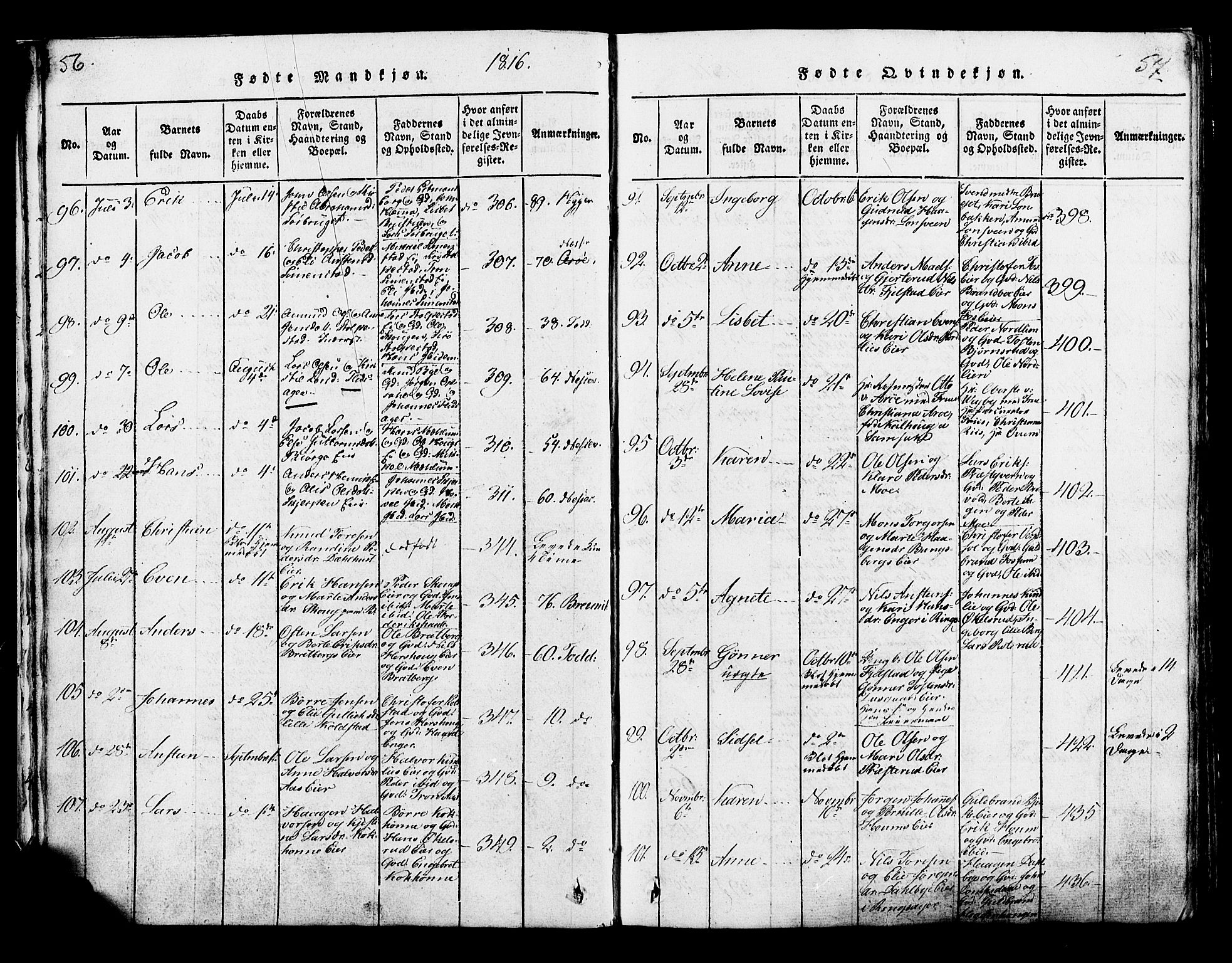 Ringsaker prestekontor, AV/SAH-PREST-014/K/Ka/L0005: Parish register (official) no. 5, 1814-1826, p. 56-57