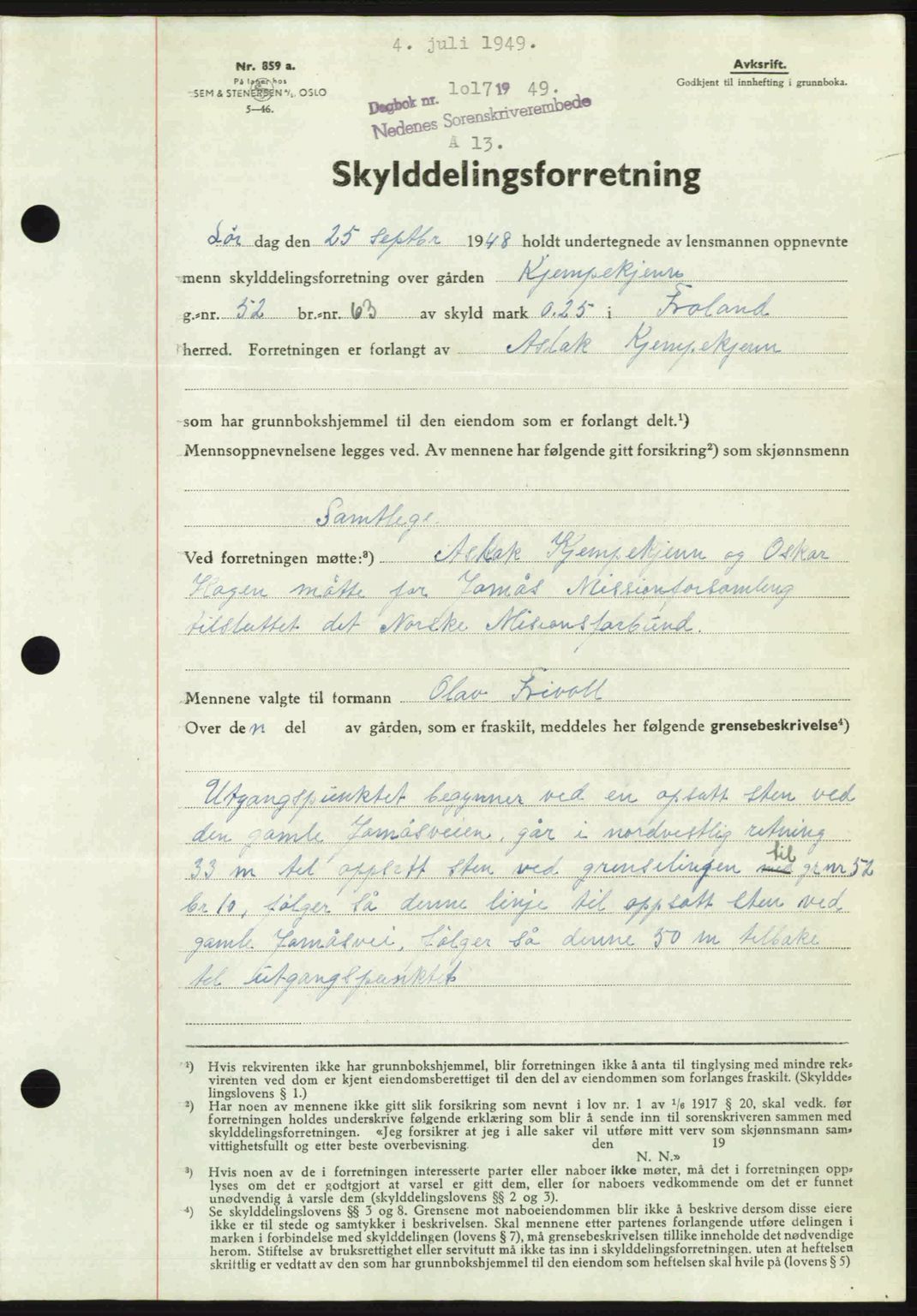 Nedenes sorenskriveri, AV/SAK-1221-0006/G/Gb/Gba/L0061: Mortgage book no. A13, 1949-1949, Diary no: : 1017/1949