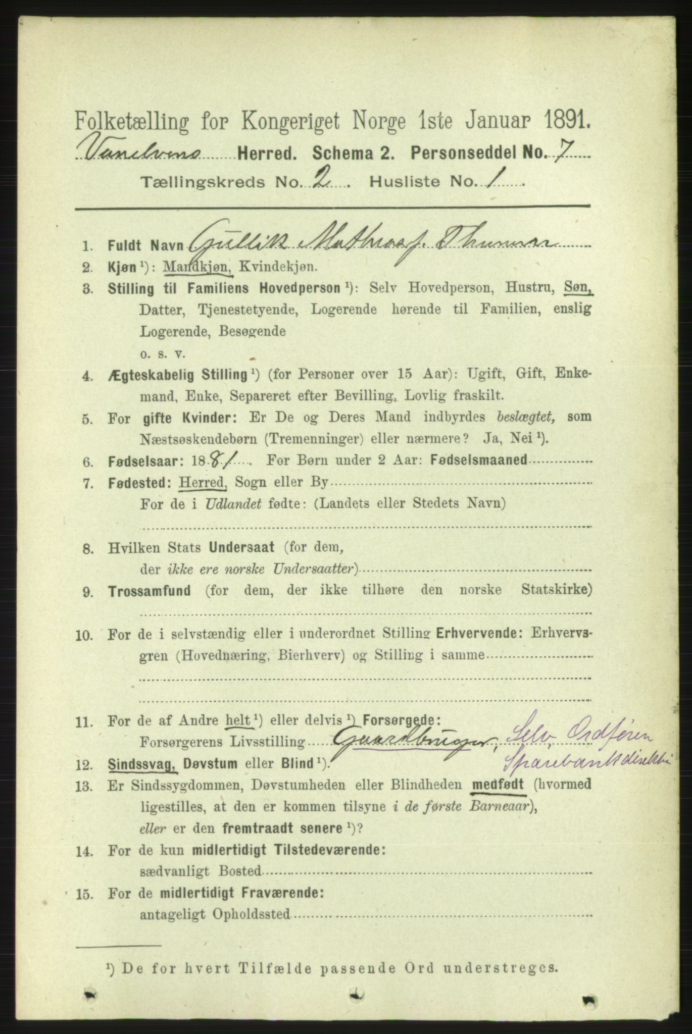 RA, 1891 census for 1511 Vanylven, 1891, p. 707