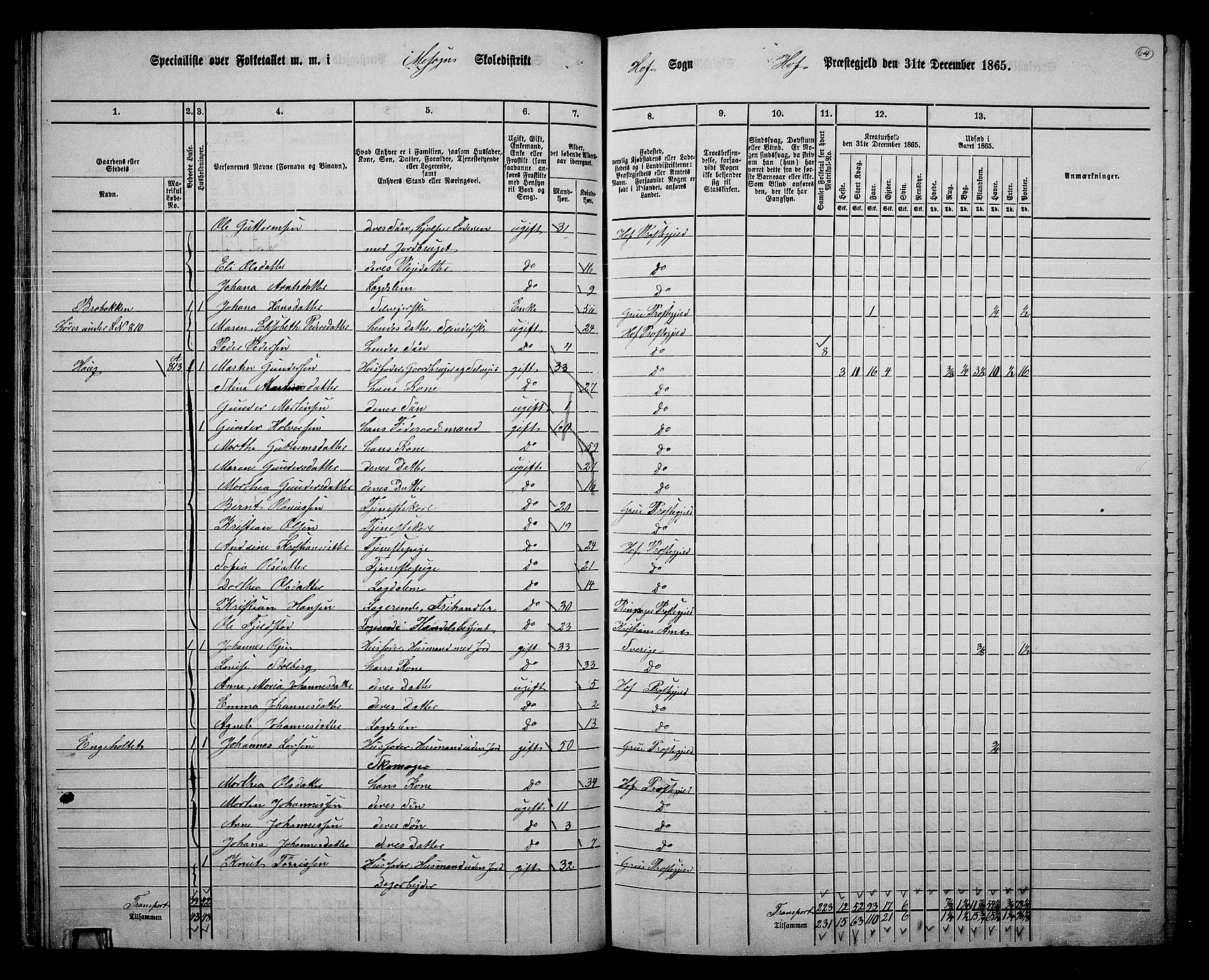 RA, 1865 census for Hof, 1865, p. 60