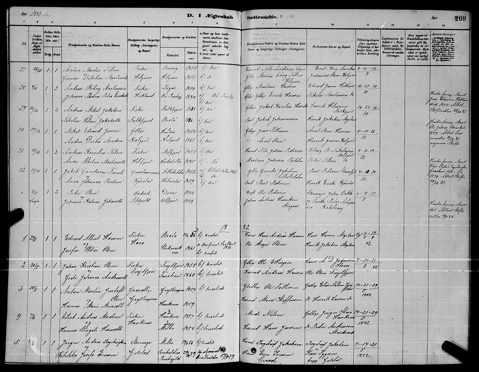 Ministerialprotokoller, klokkerbøker og fødselsregistre - Nordland, AV/SAT-A-1459/888/L1267: Parish register (copy) no. 888C05, 1878-1890, p. 269