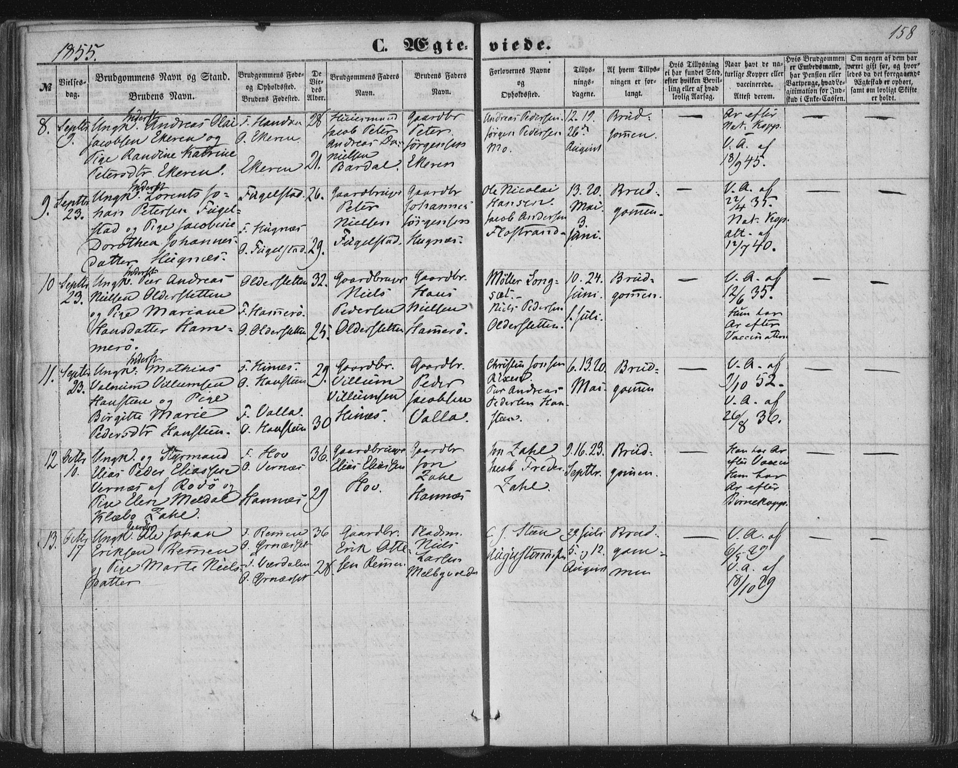 Ministerialprotokoller, klokkerbøker og fødselsregistre - Nordland, SAT/A-1459/838/L0550: Parish register (official) no. 838A08, 1855-1865, p. 158