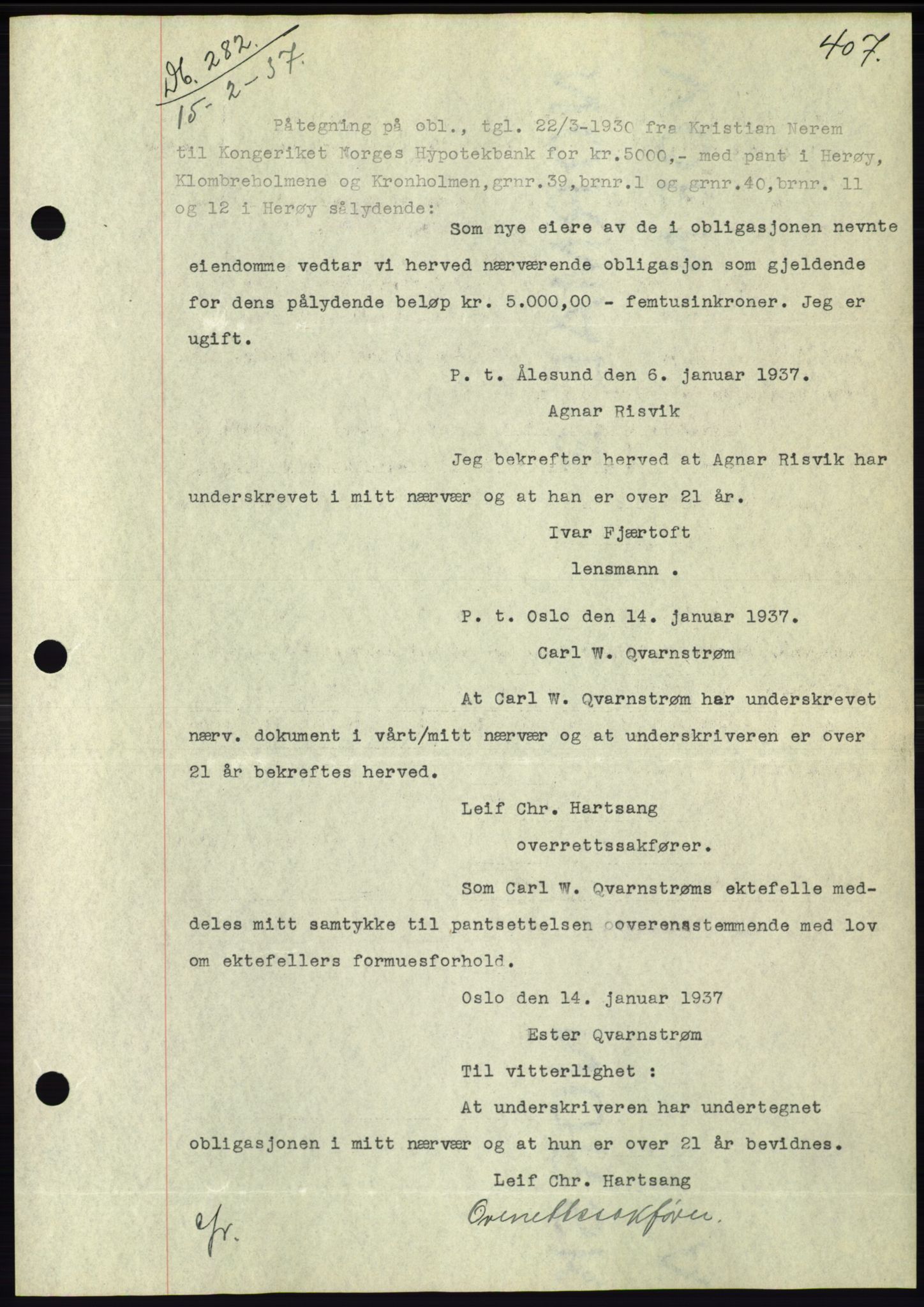 Søre Sunnmøre sorenskriveri, SAT/A-4122/1/2/2C/L0062: Mortgage book no. 56, 1936-1937, Diary no: : 282/1937