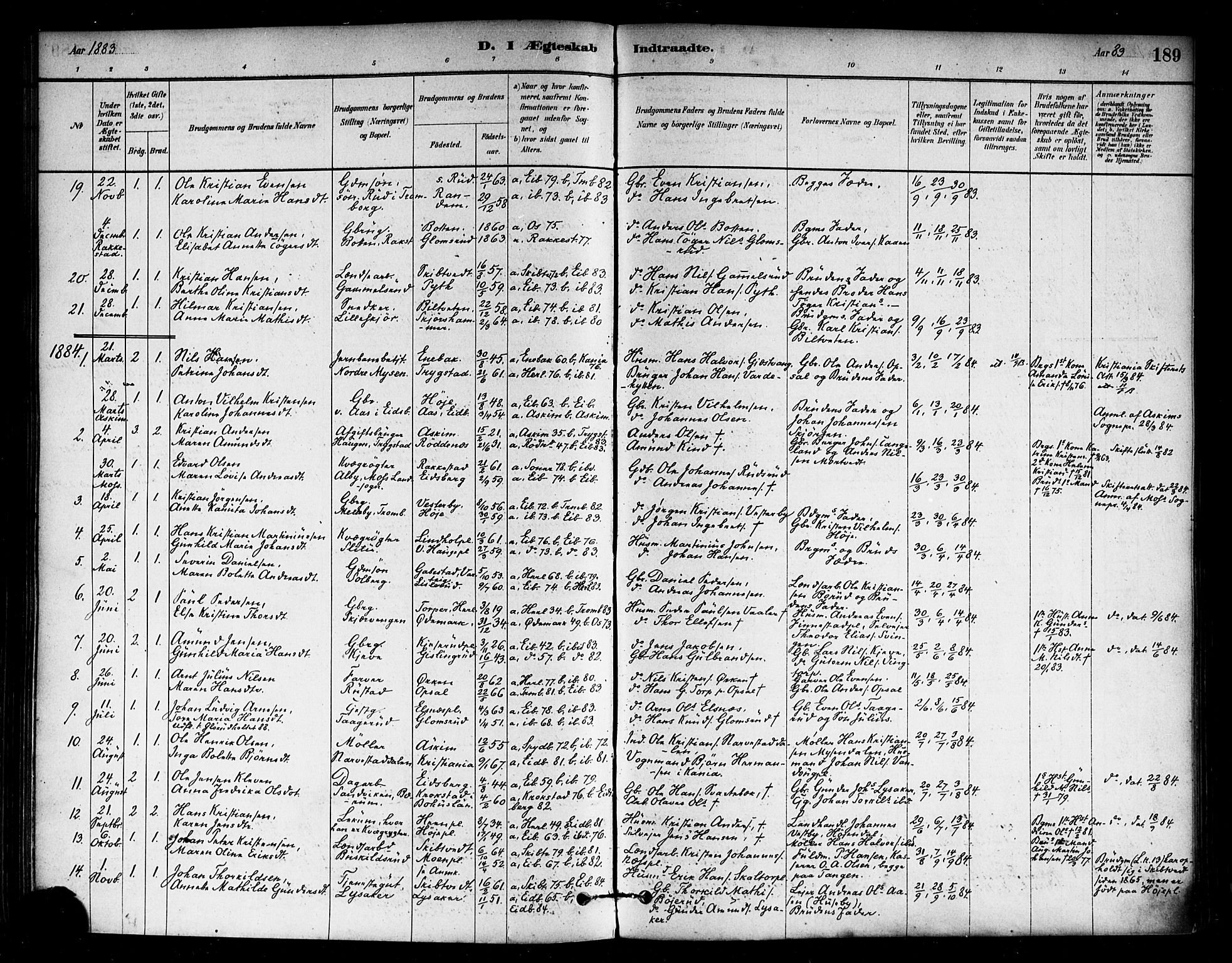 Eidsberg prestekontor Kirkebøker, SAO/A-10905/F/Fa/L0012: Parish register (official) no. I 12, 1879-1901, p. 189