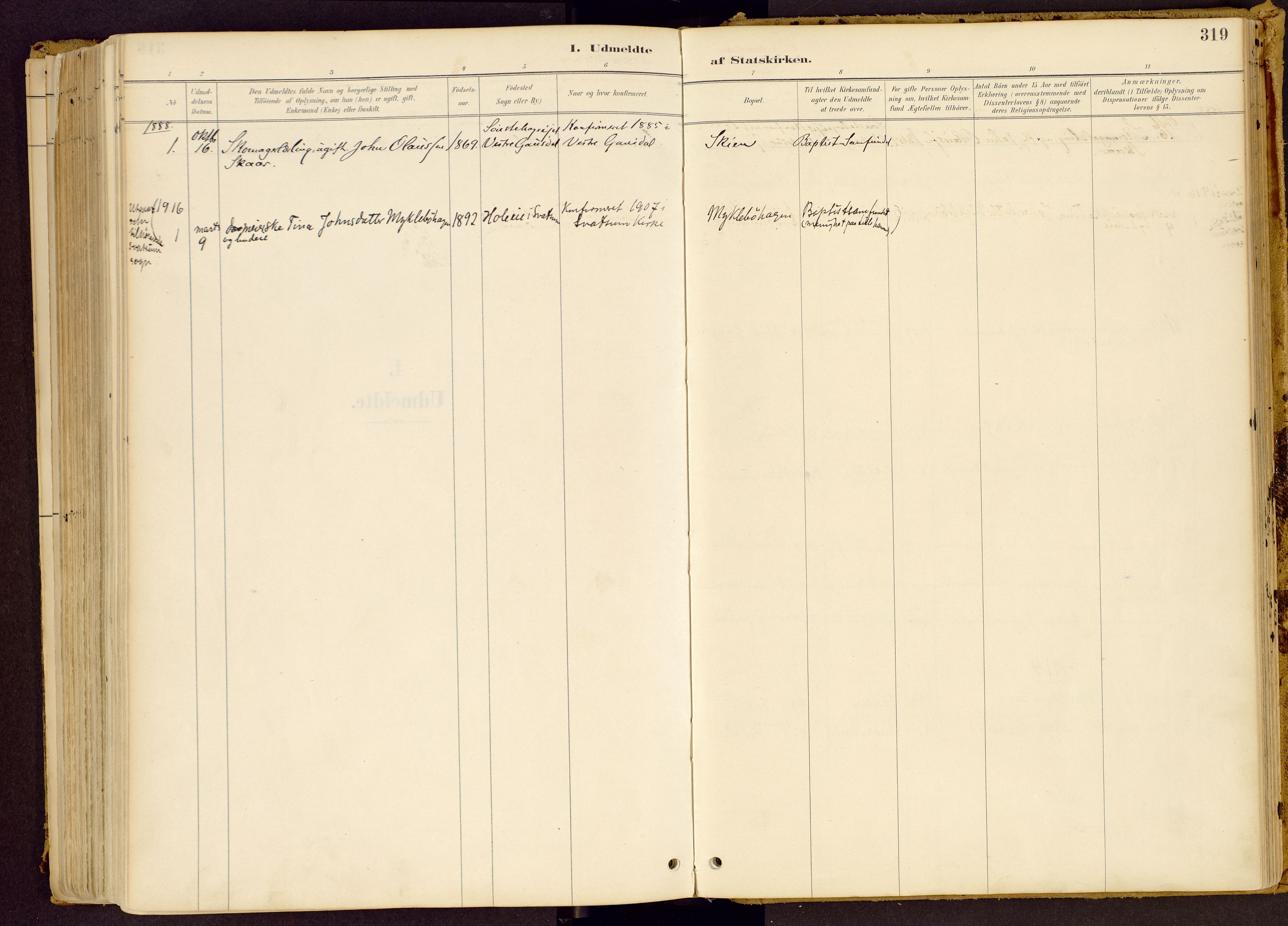 Vestre Gausdal prestekontor, SAH/PREST-094/H/Ha/Haa/L0001: Parish register (official) no. 1, 1887-1914, p. 319