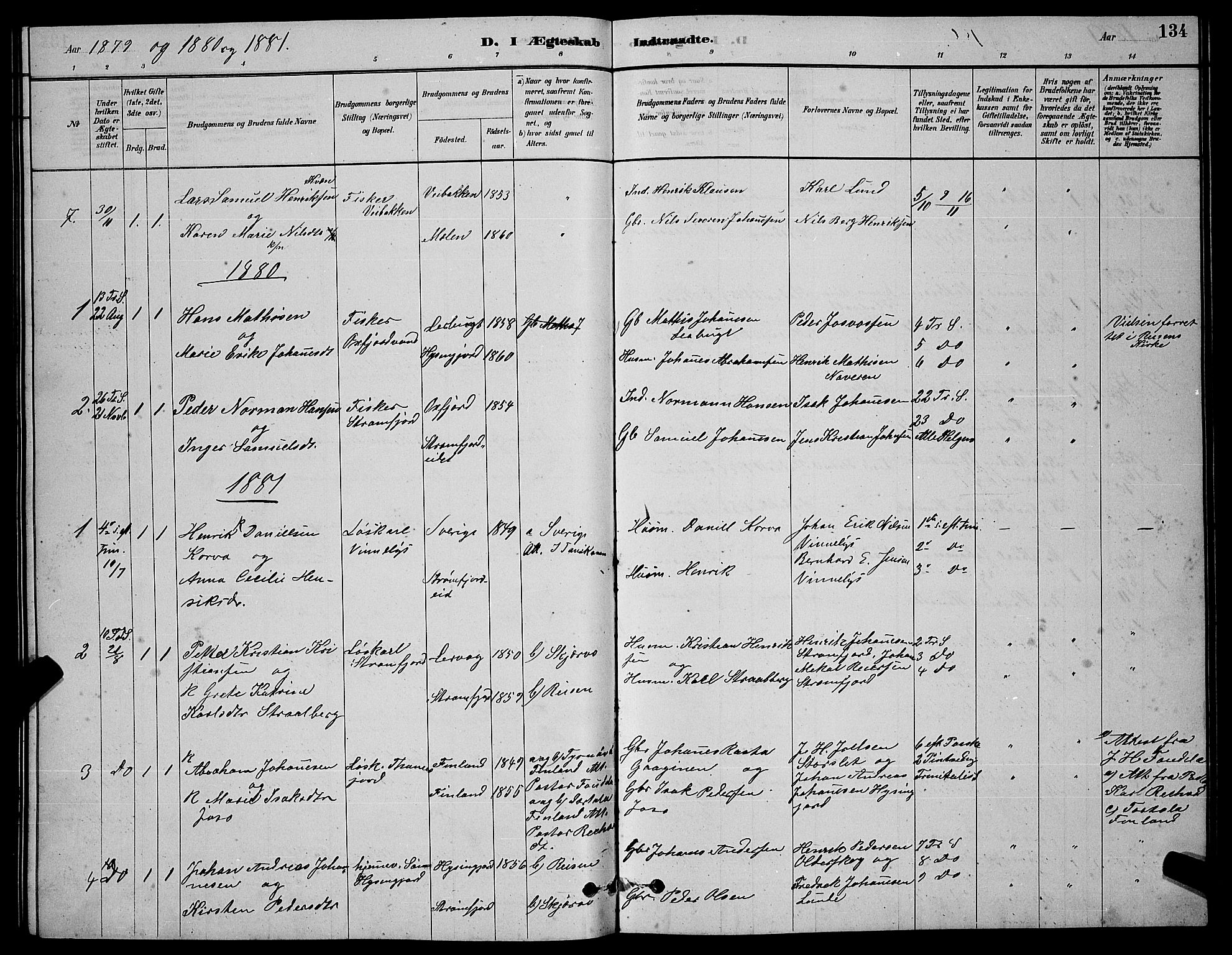 Skjervøy sokneprestkontor, SATØ/S-1300/H/Ha/Hab/L0020klokker: Parish register (copy) no. 20, 1878-1892, p. 134