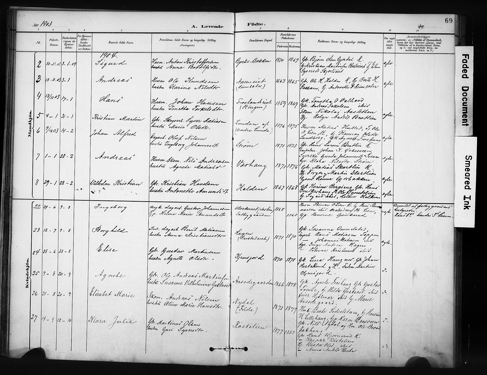 Nordre Land prestekontor, SAH/PREST-124/H/Ha/Hab/L0012: Parish register (copy) no. 12, 1891-1909, p. 69