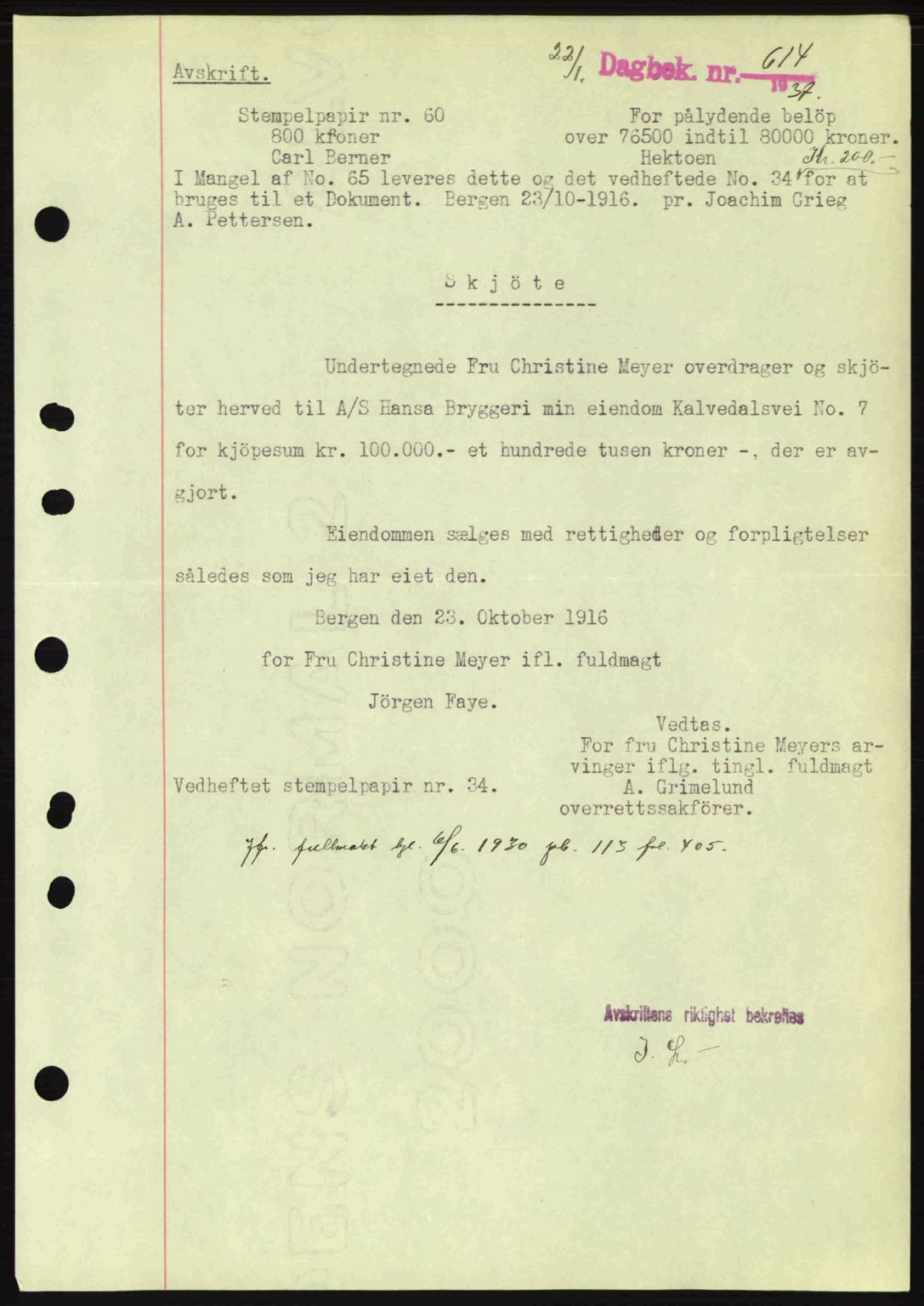 Byfogd og Byskriver i Bergen, SAB/A-3401/03/03Bc/L0004: Mortgage book no. A3-4, 1936-1937, Diary no: : 614/1937