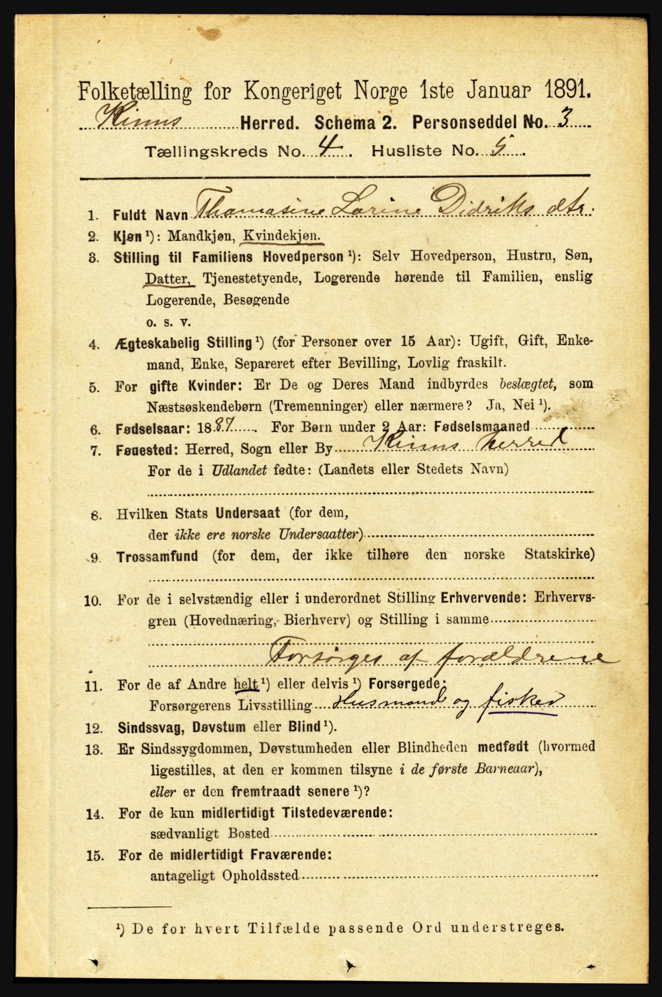 RA, 1891 census for 1437 Kinn, 1891, p. 1352