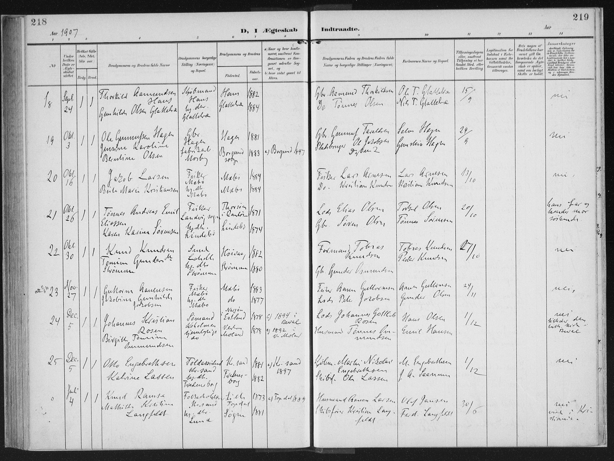 Oddernes sokneprestkontor, AV/SAK-1111-0033/F/Fa/Faa/L0011: Parish register (official) no. A 11, 1904-1911, p. 218-219