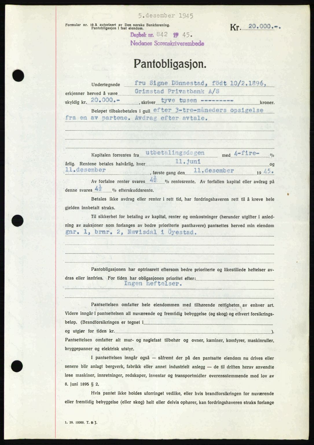Nedenes sorenskriveri, SAK/1221-0006/G/Gb/Gbb/L0003: Mortgage book no. B3a, 1945-1945, Diary no: : 842/1945