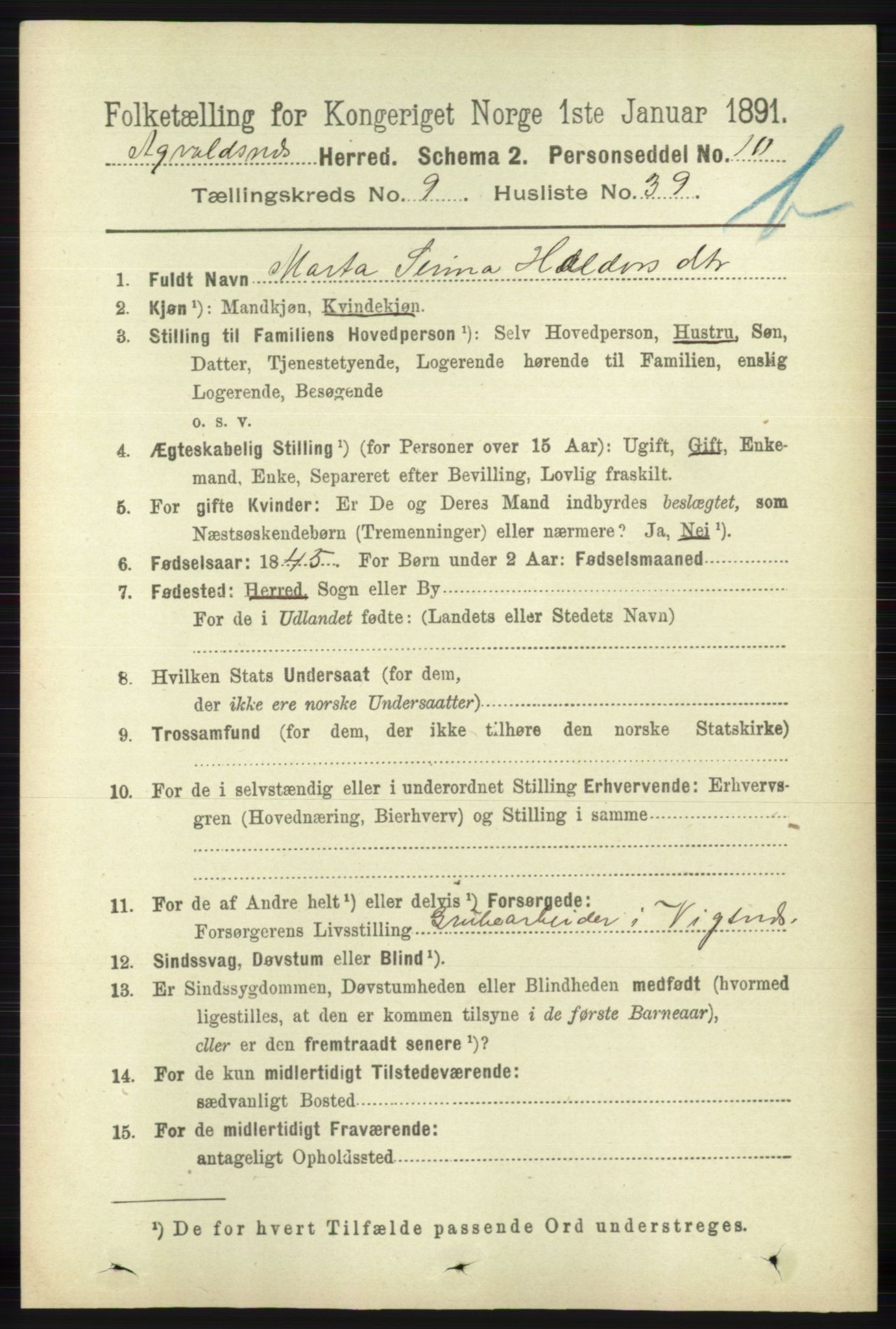 RA, 1891 census for 1147 Avaldsnes, 1891, p. 5489