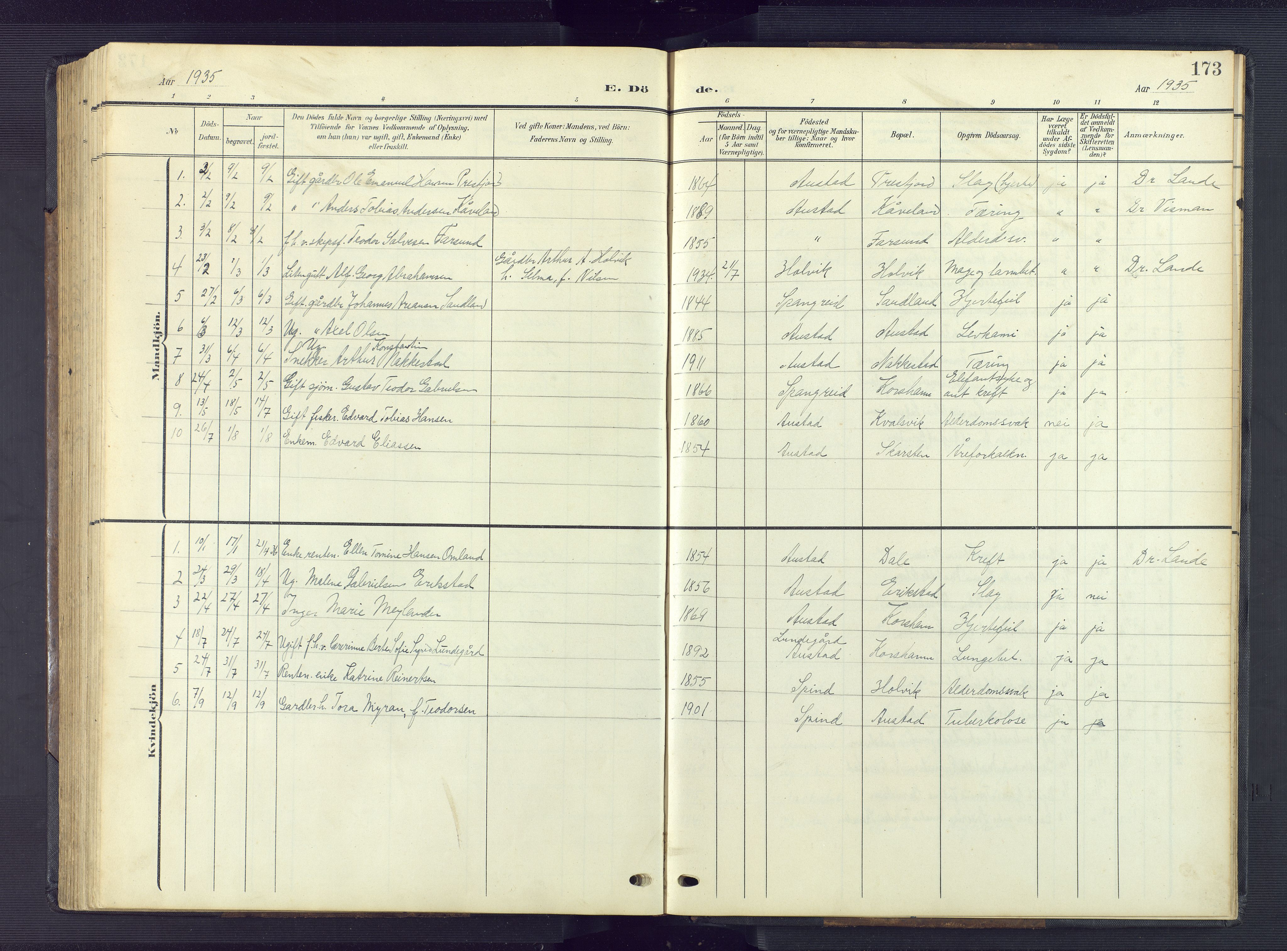 Lyngdal sokneprestkontor, AV/SAK-1111-0029/F/Fb/Fba/L0004: Parish register (copy) no. B 4, 1904-1950, p. 173