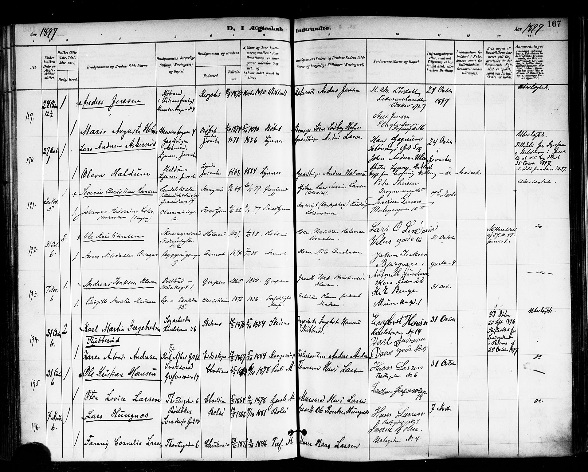 Trefoldighet prestekontor Kirkebøker, AV/SAO-A-10882/F/Fc/L0004: Parish register (official) no. III 4, 1891-1900, p. 167